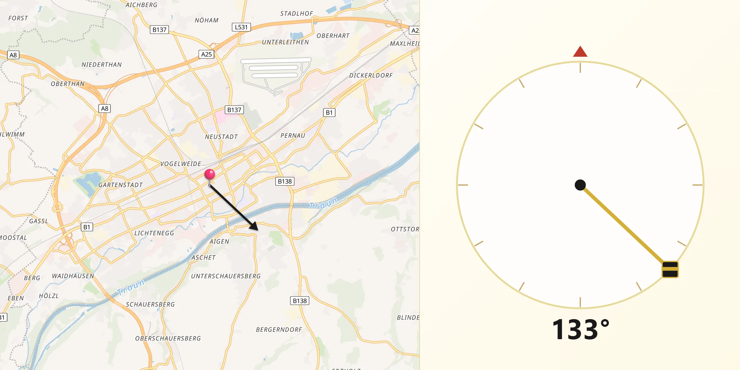 Qibla-Richtung von Wels Stadt