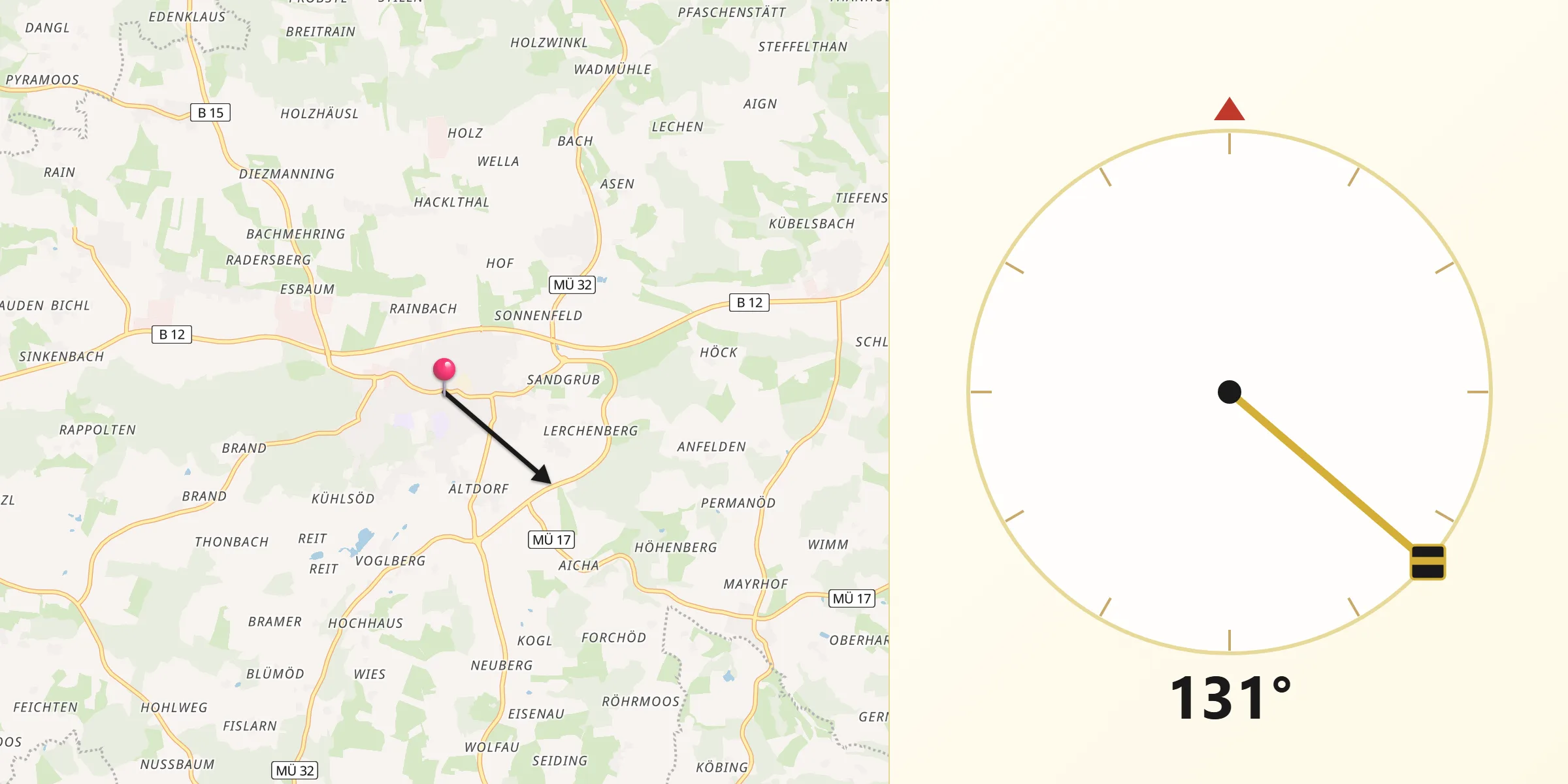 Qibla-Richtung von Haag in Oberbayern