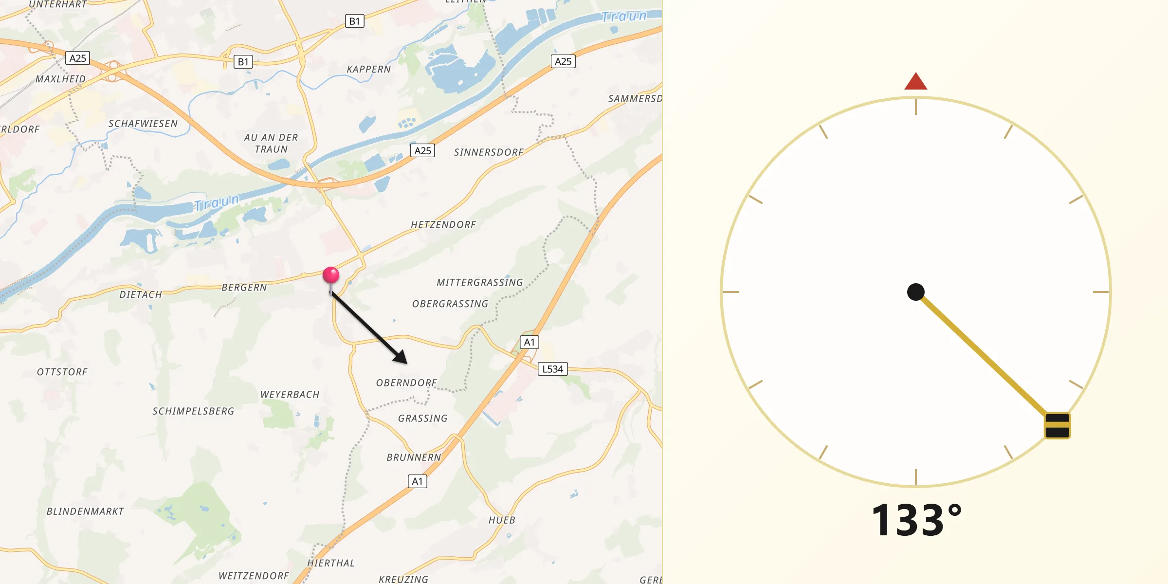 Qibla-Richtung von Weisskirchen an der Traun