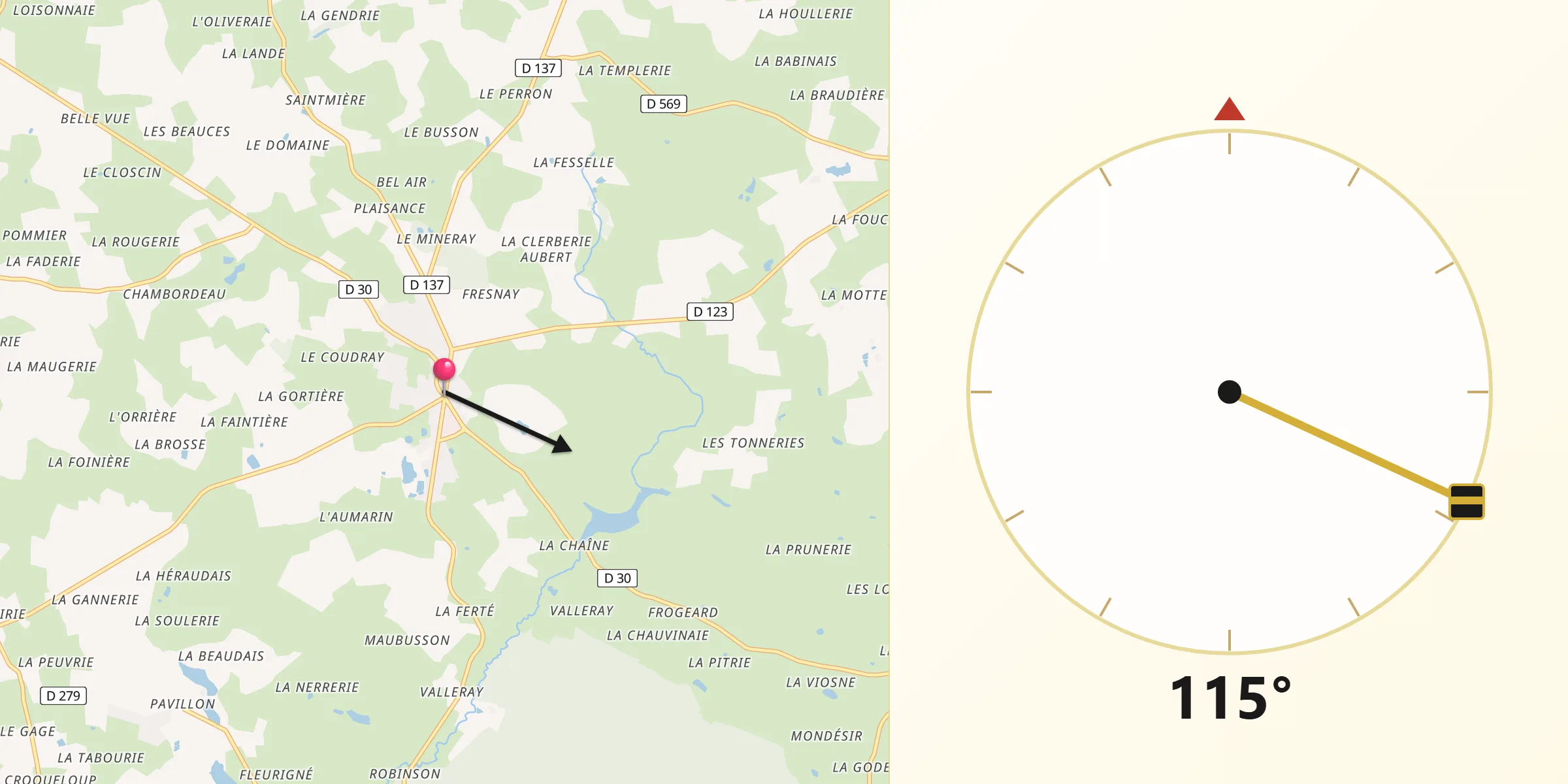 Direction vers la Qibla depuis Le Bourgneuf-la-Forêt