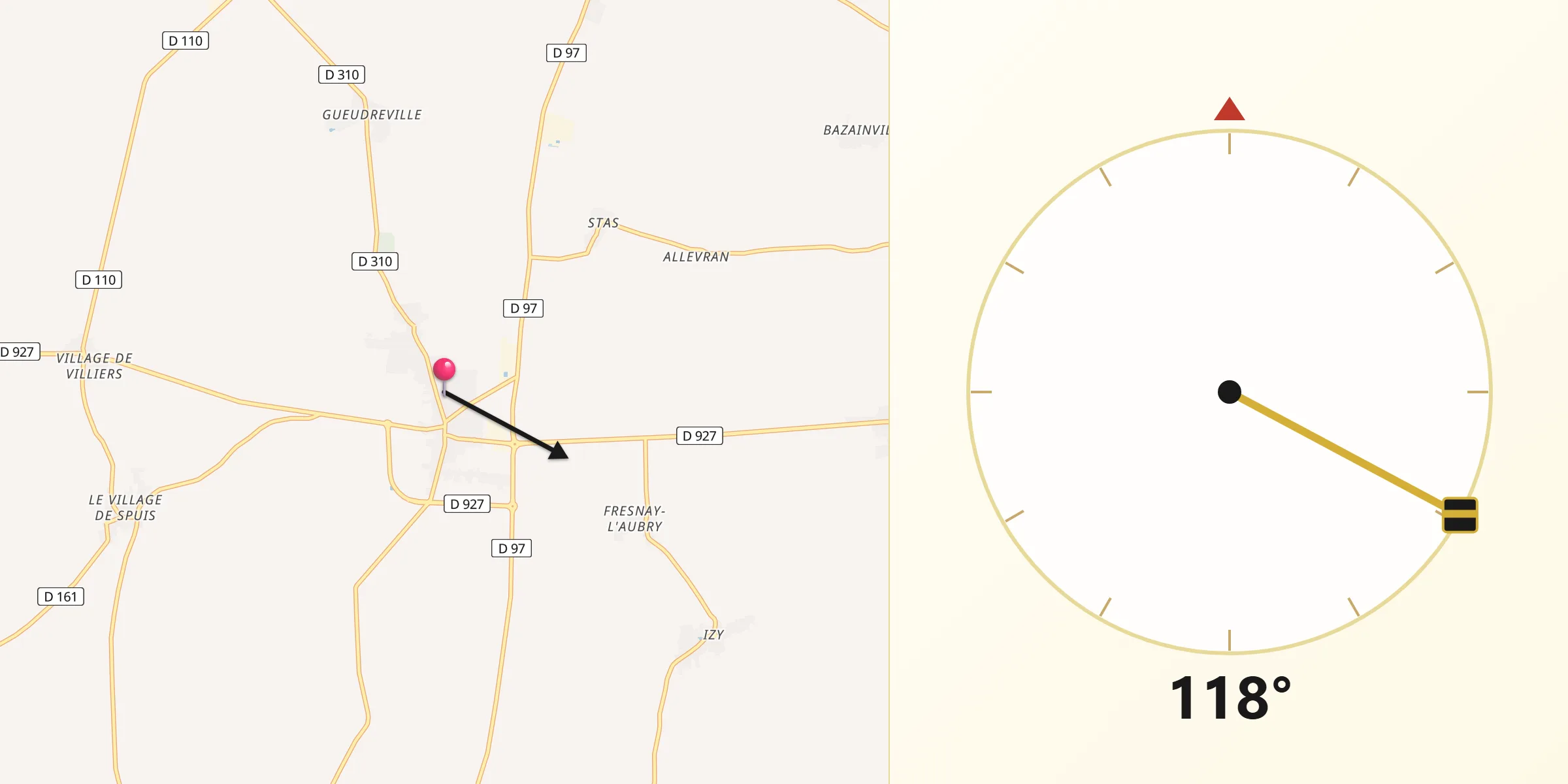 Direction vers la Qibla depuis Bazoches-les-Gallerandes