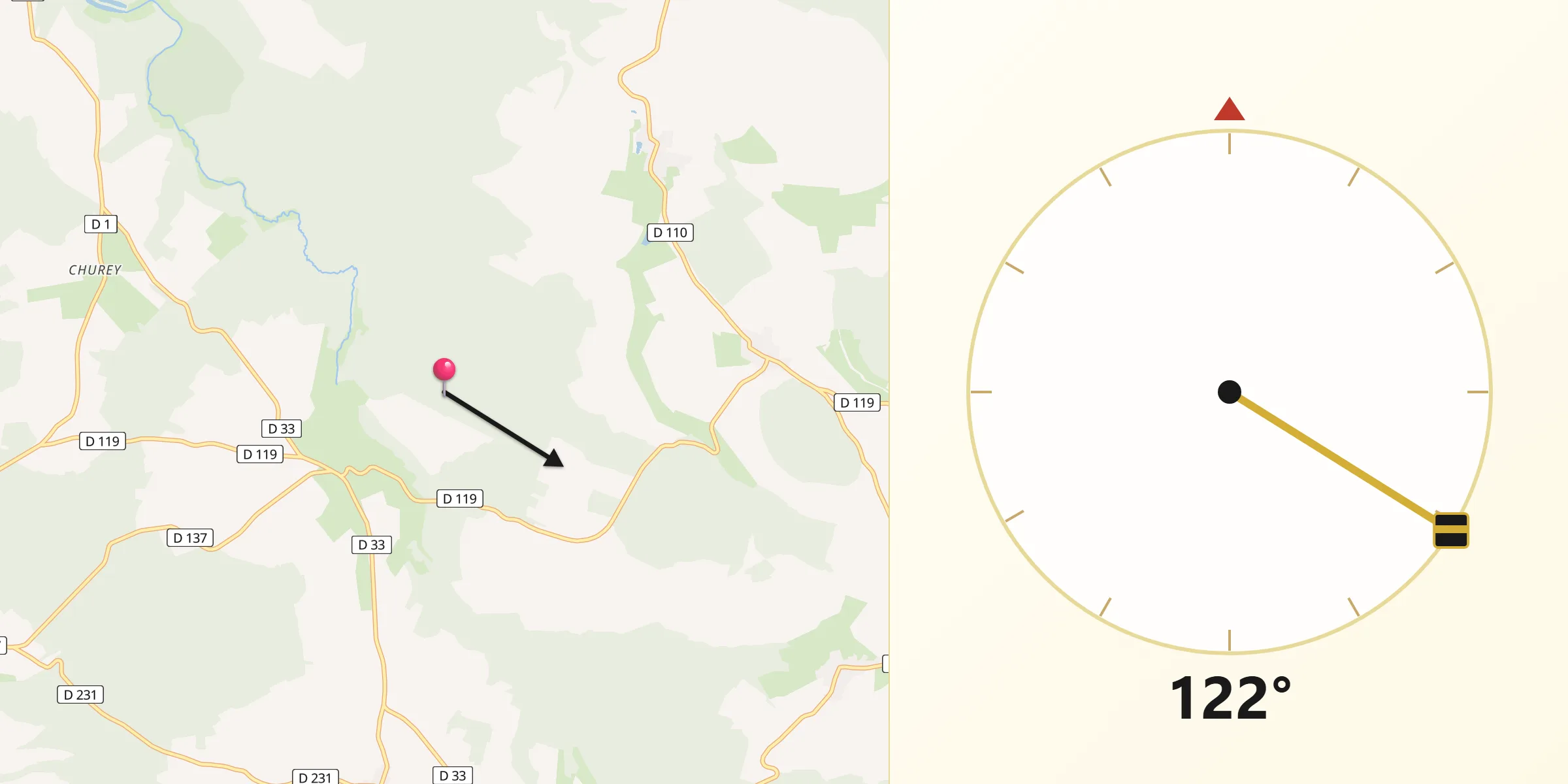 Direction vers la Qibla depuis Ozières