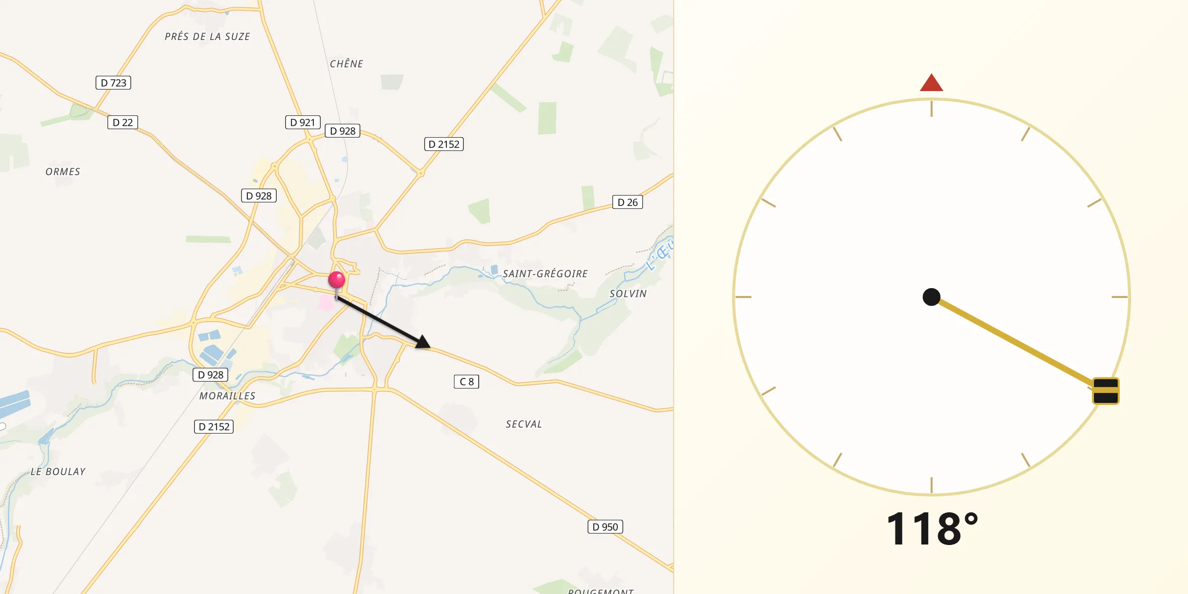 Direction vers la Qibla depuis Pithiviers