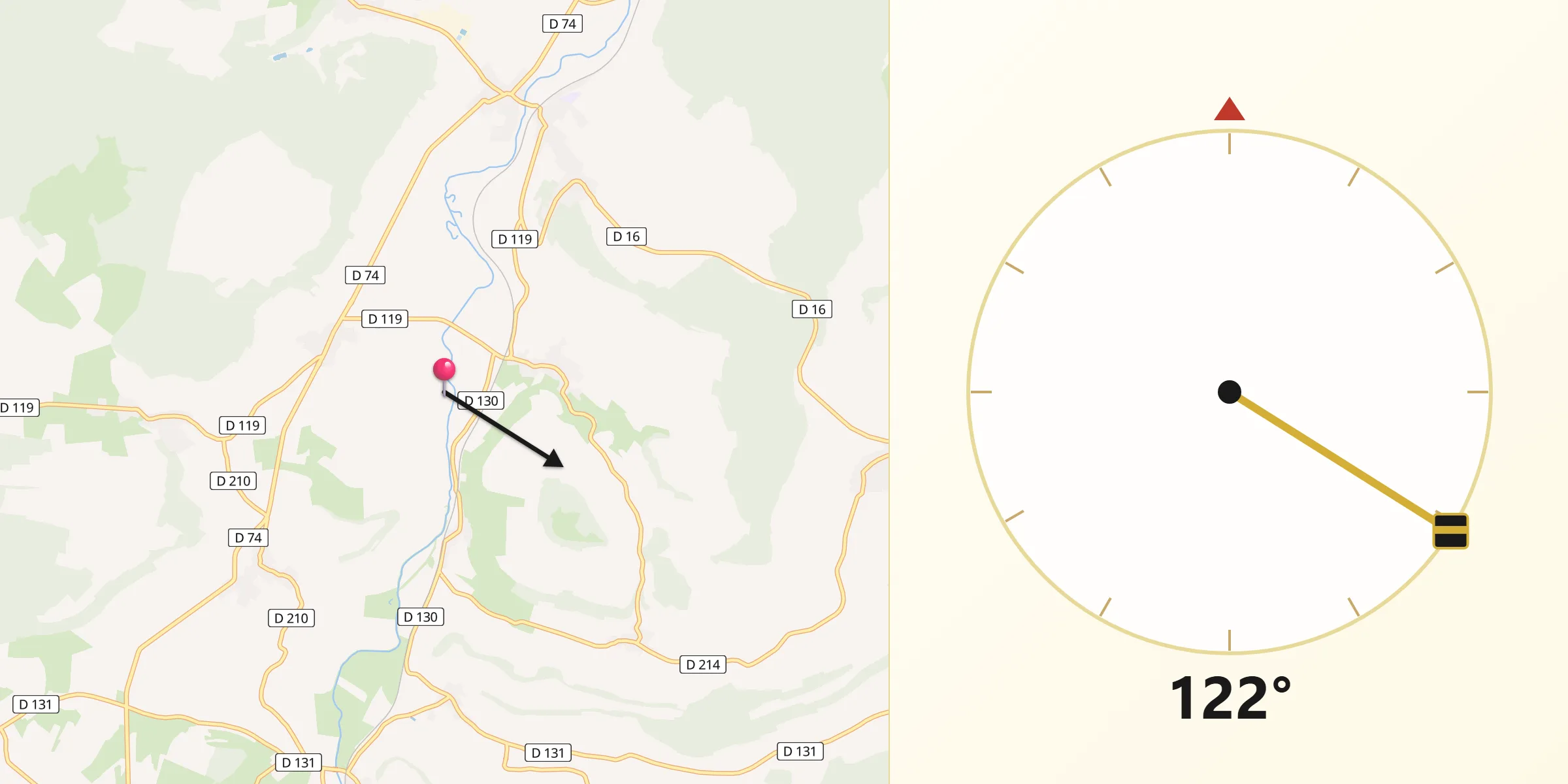 Direction vers la Qibla depuis Brainville-sur-Meuse