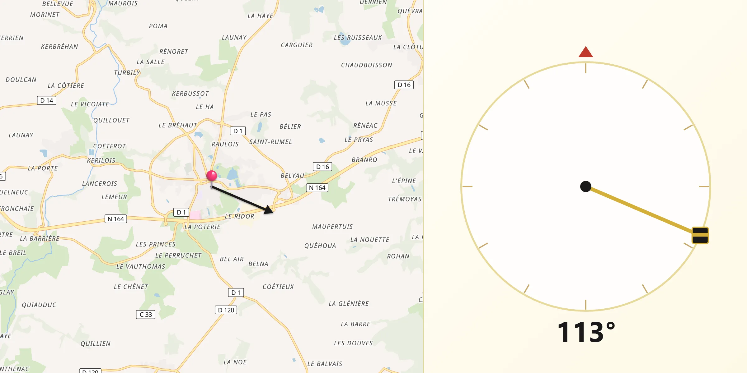 Direction vers la Qibla depuis Plémet