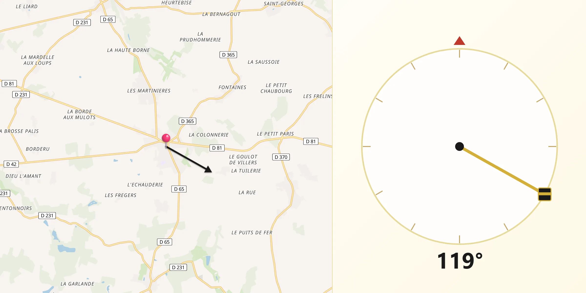 Direction vers la Qibla depuis Saint-Valérien