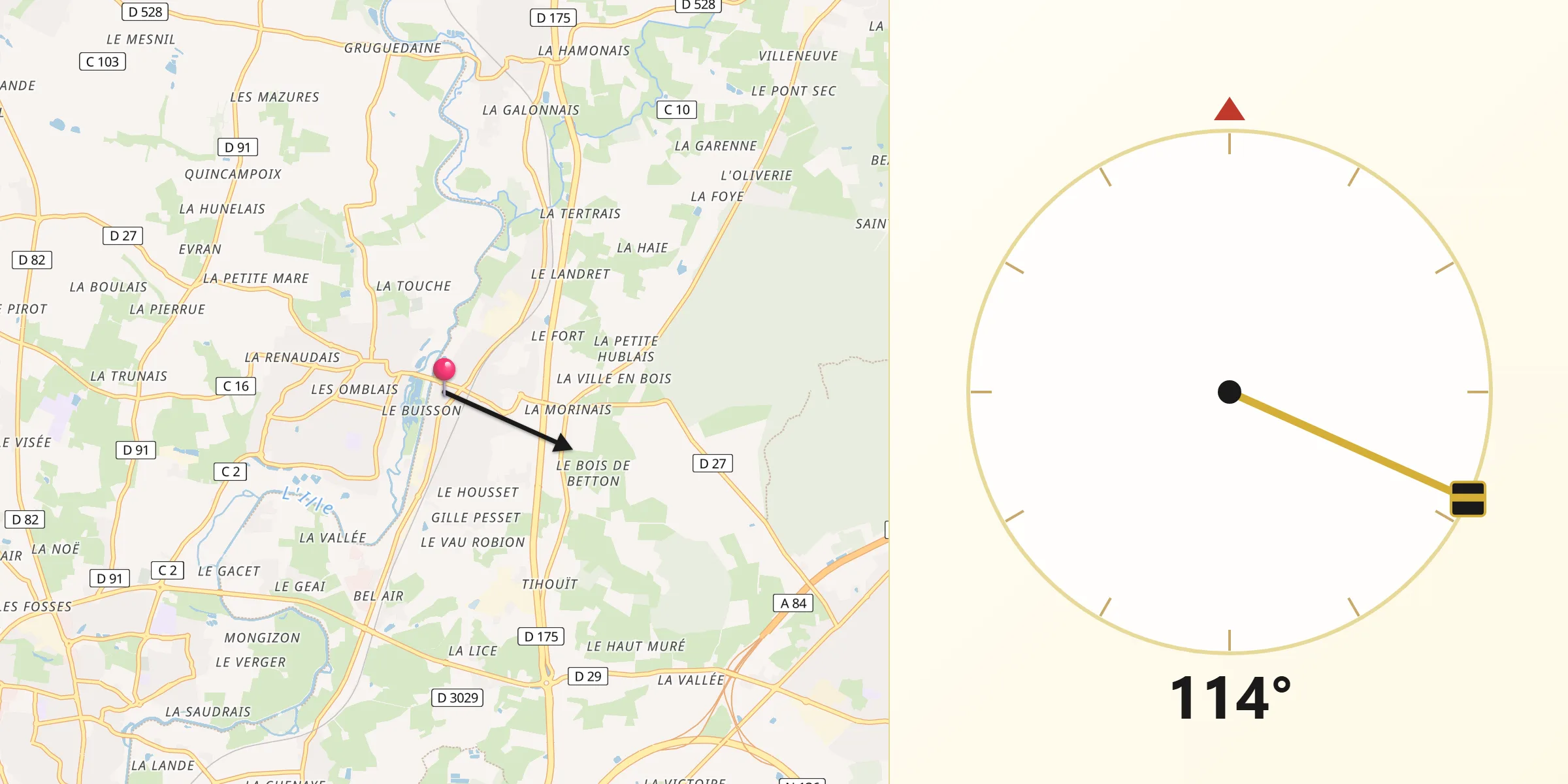 Direction vers la Qibla depuis Betton