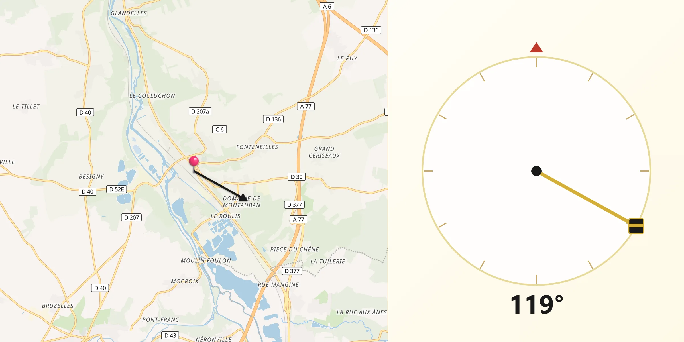Direction vers la Qibla depuis Souppes-sur-Loing