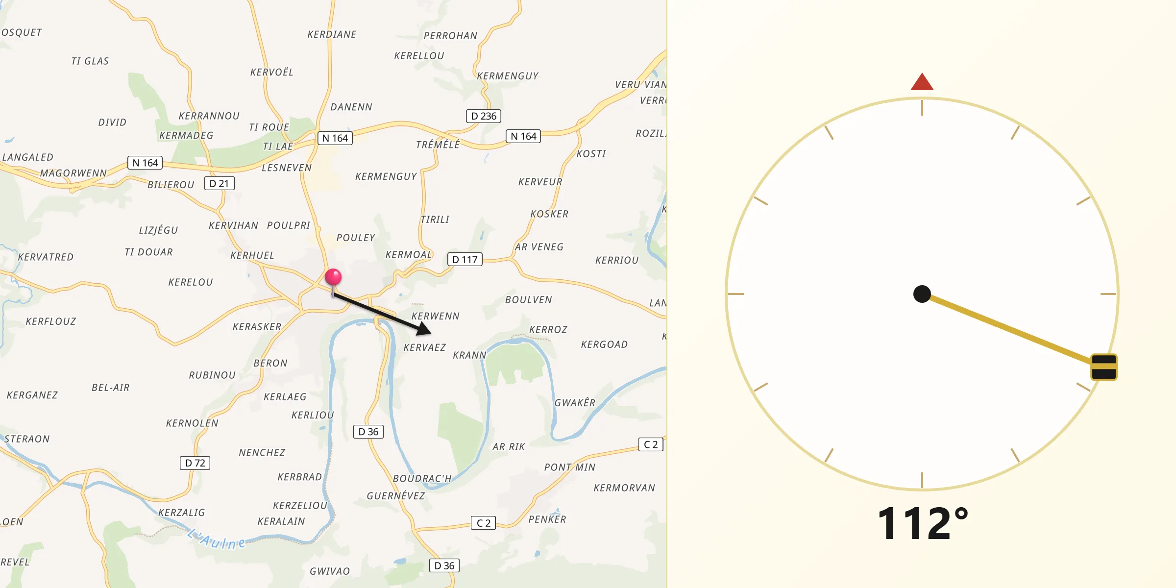 Direction vers la Qibla depuis Châteauneuf-du-Faou