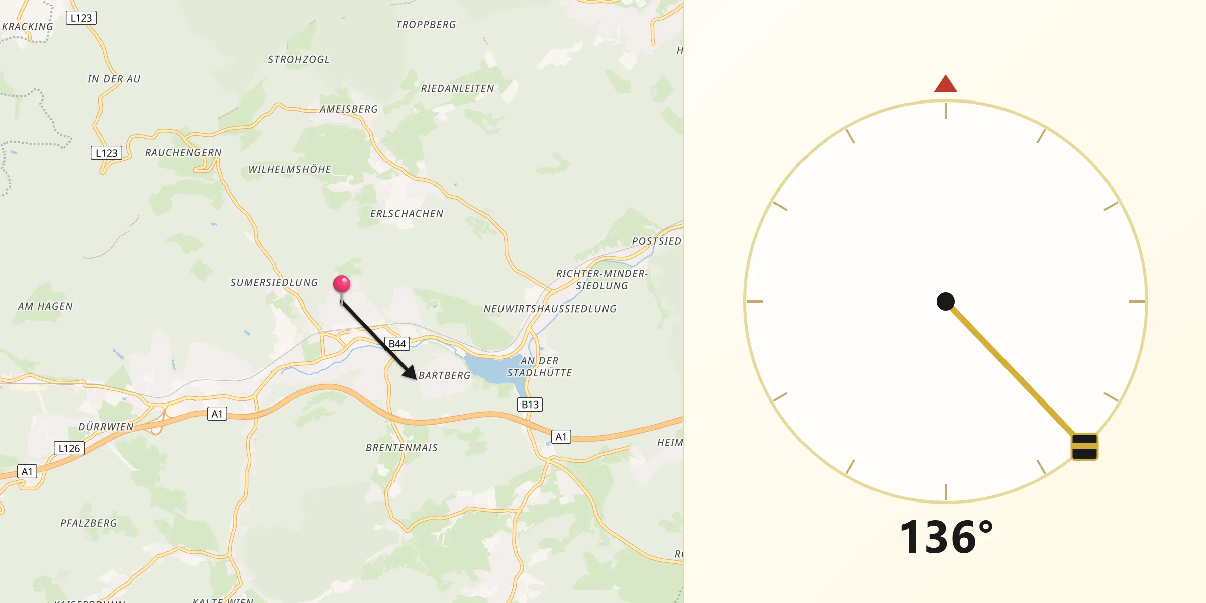 Qibla-Richtung von Tullnerbach-Lawies