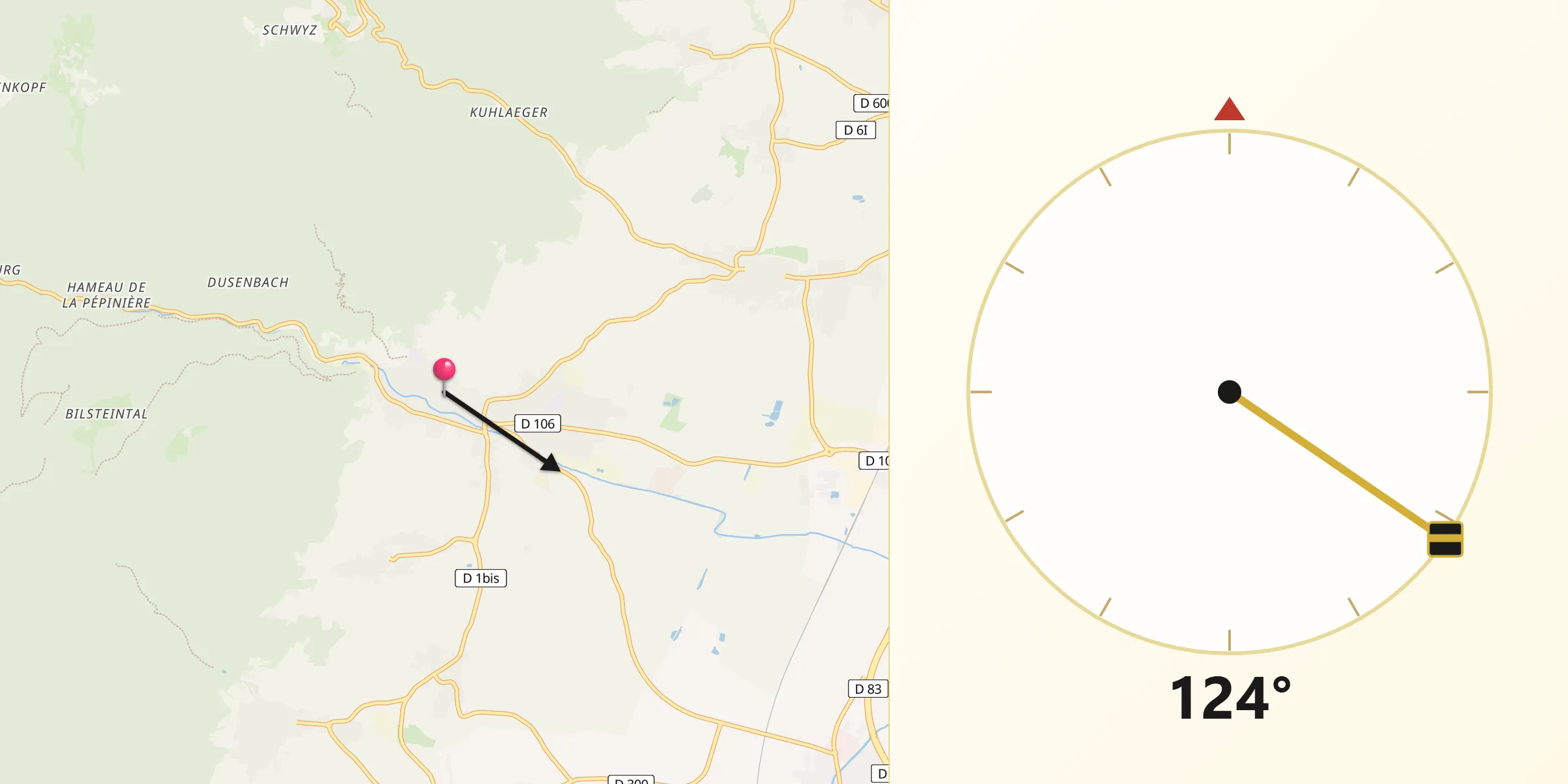 Direction vers la Qibla depuis Ribeauvillé