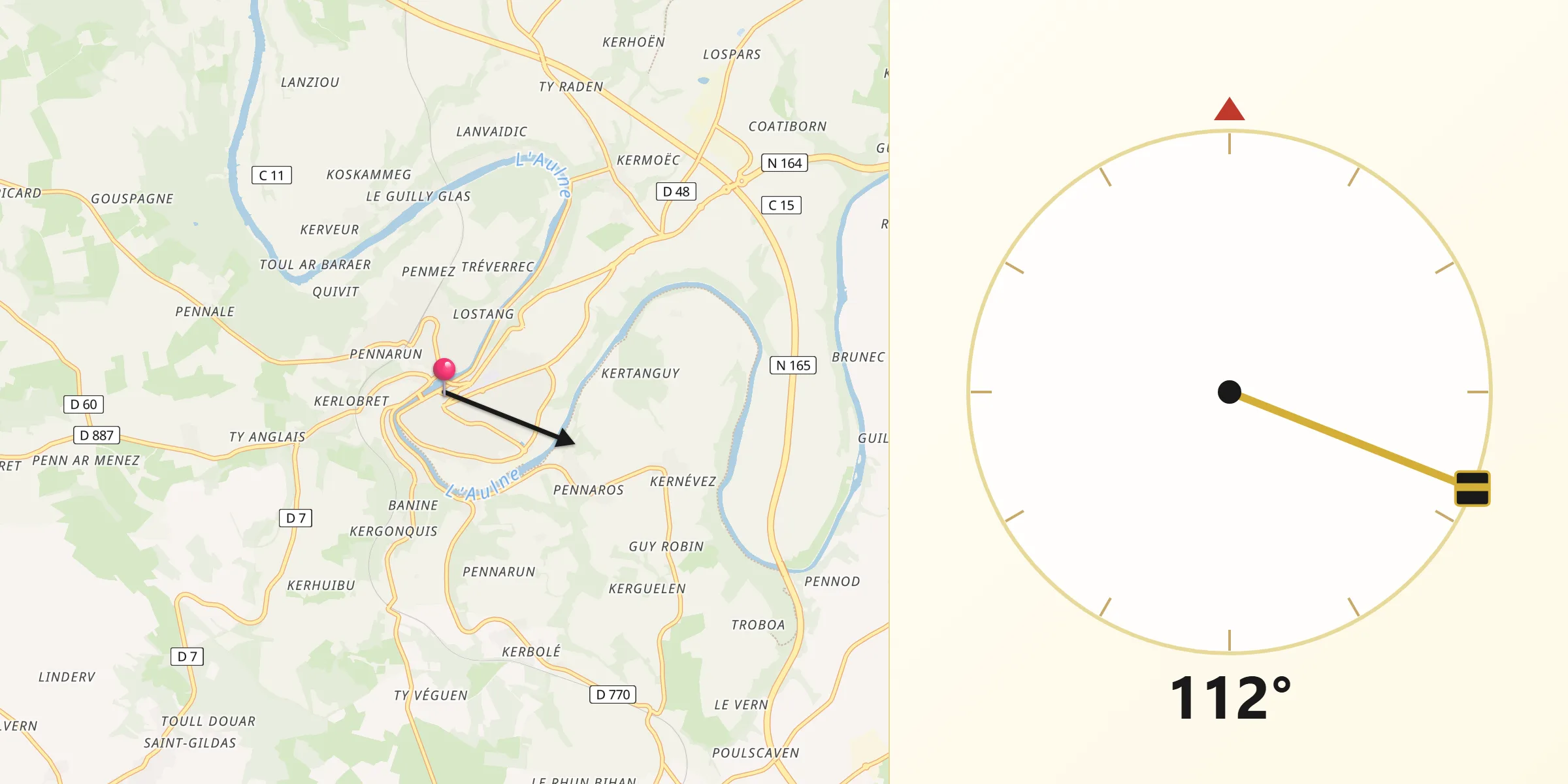 Direction vers la Qibla depuis Châteaulin
