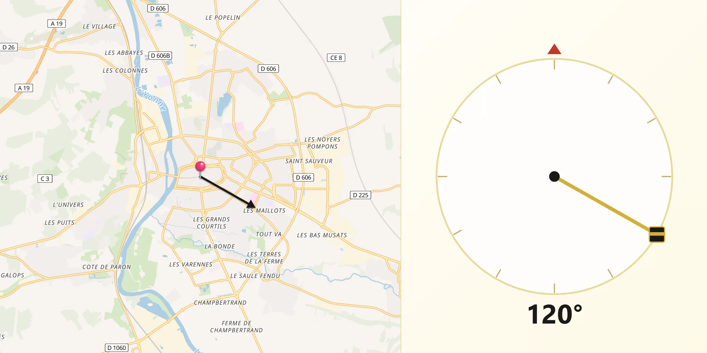 Direction vers la Qibla depuis Sens