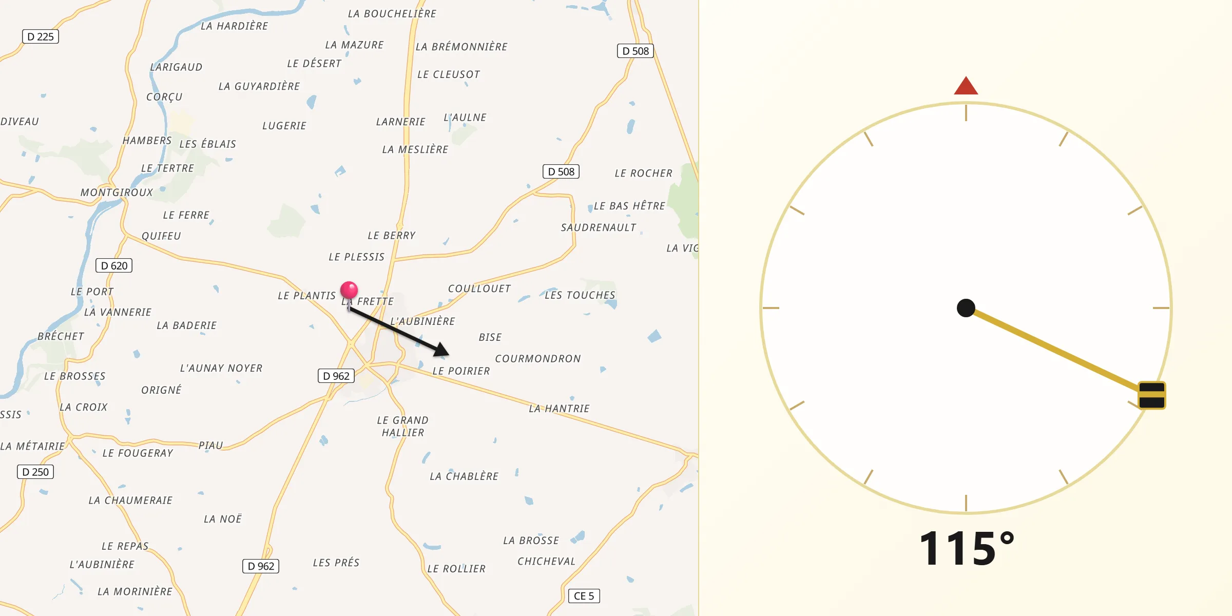 Direction vers la Qibla depuis Martigné-sur-Mayenne