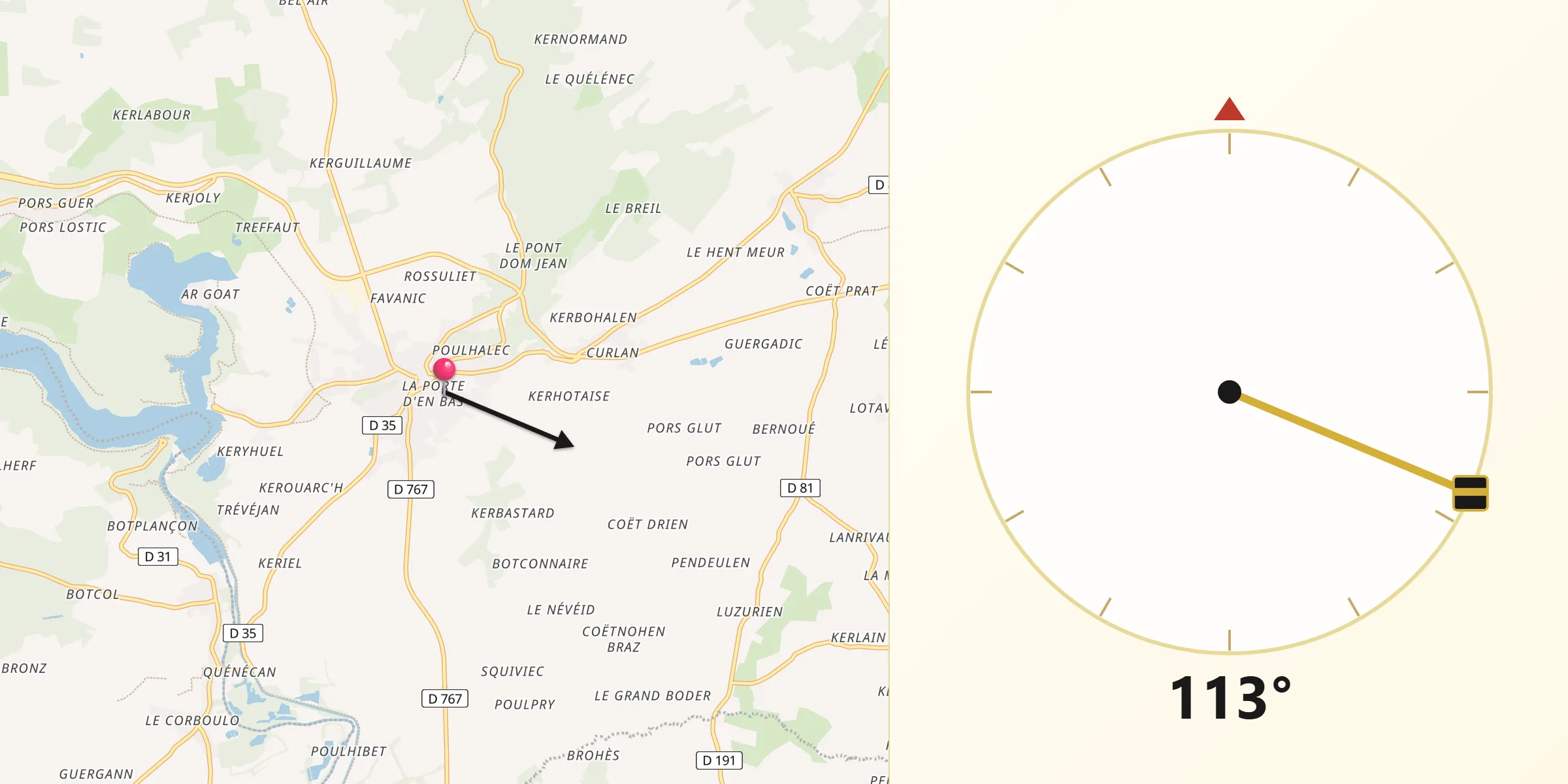 Direction vers la Qibla depuis Mûr-de-Bretagne