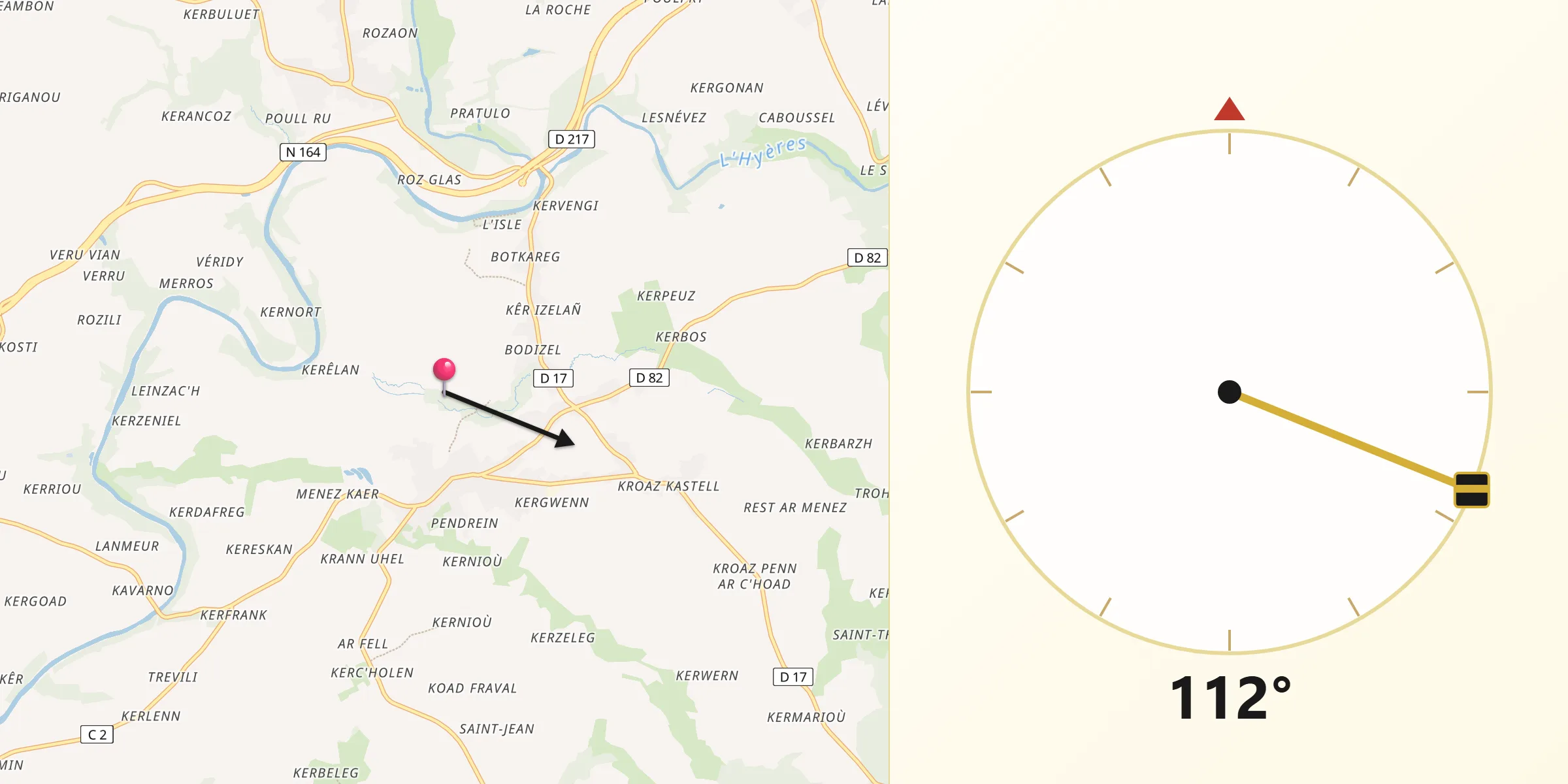 Direction vers la Qibla depuis Spézet