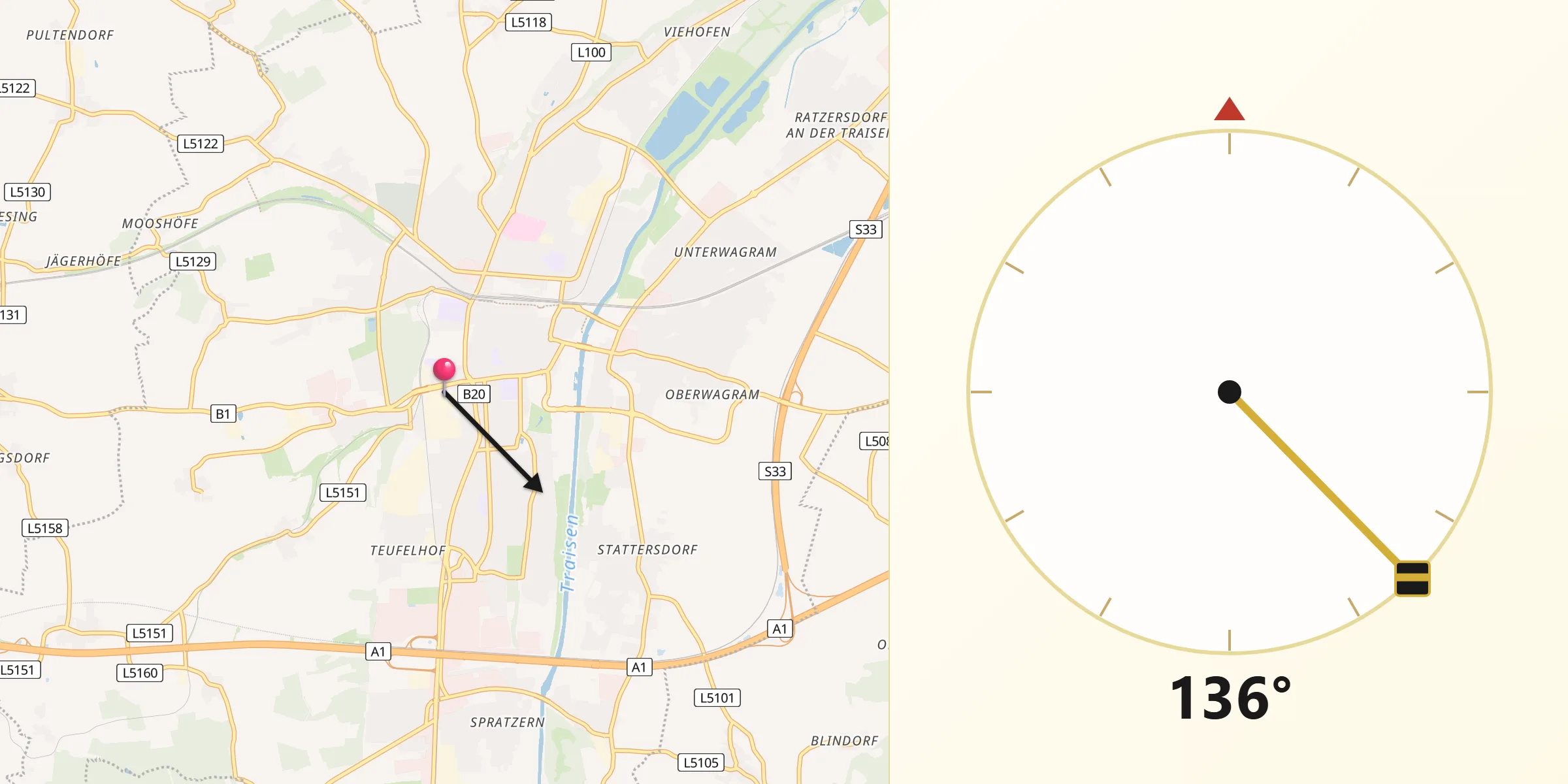 Qibla-Richtung von Sankt Pölten Stadt
