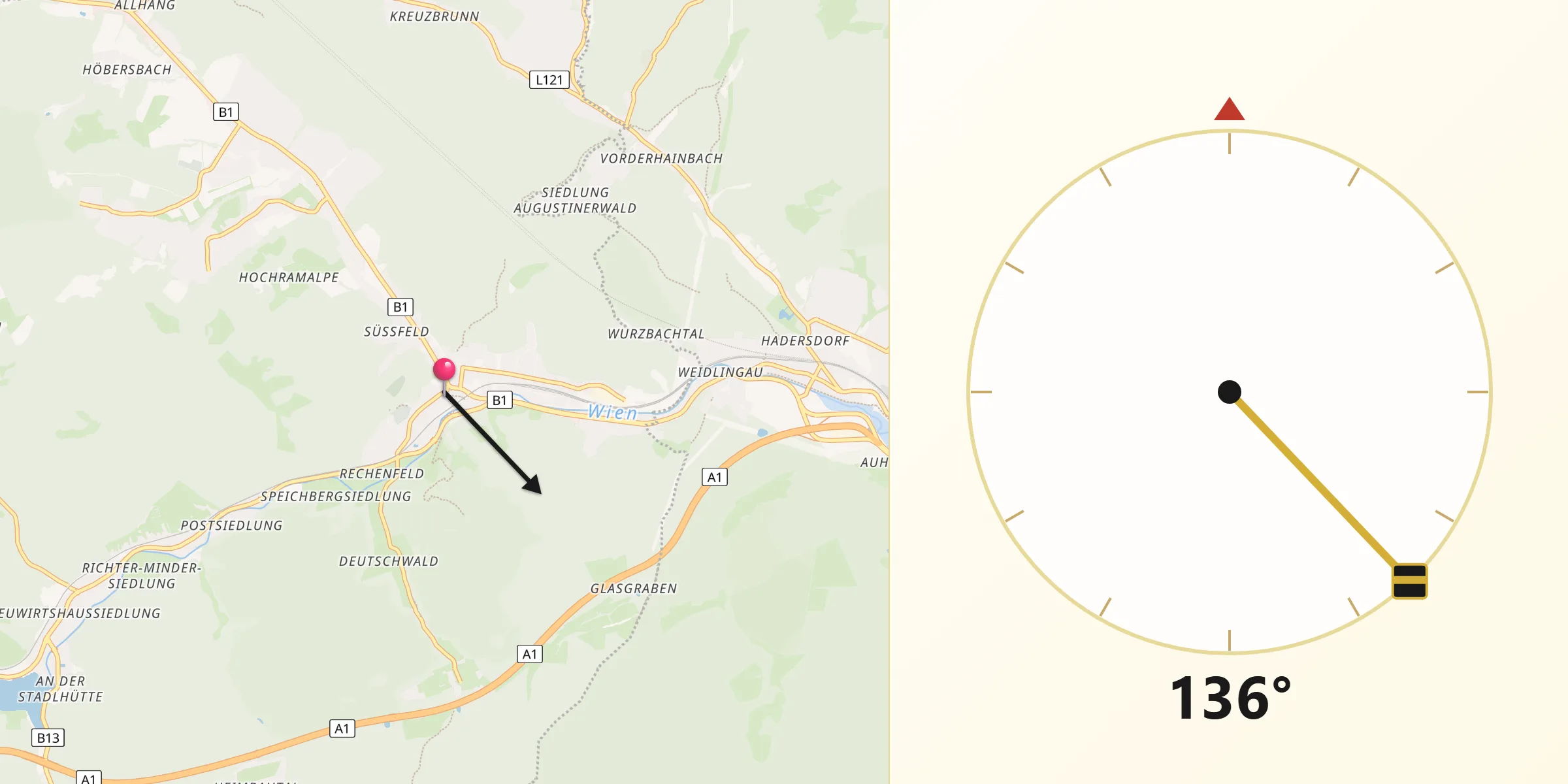 Qibla-Richtung von Purkersdorf