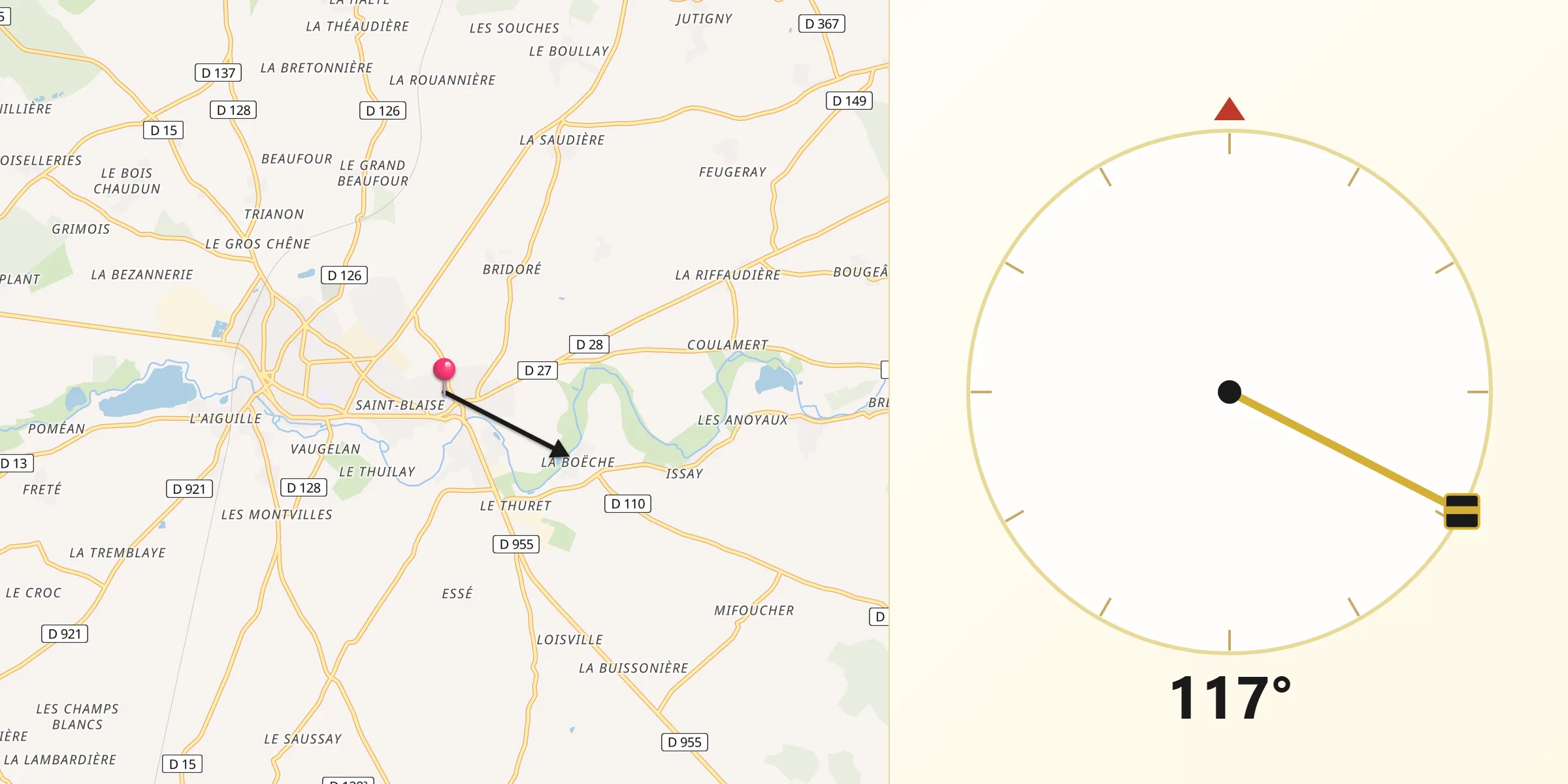 Direction vers la Qibla depuis Yèvres