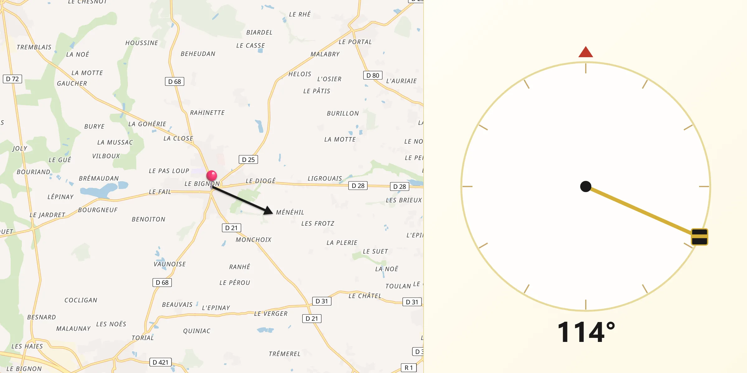 Direction vers la Qibla depuis Romillé