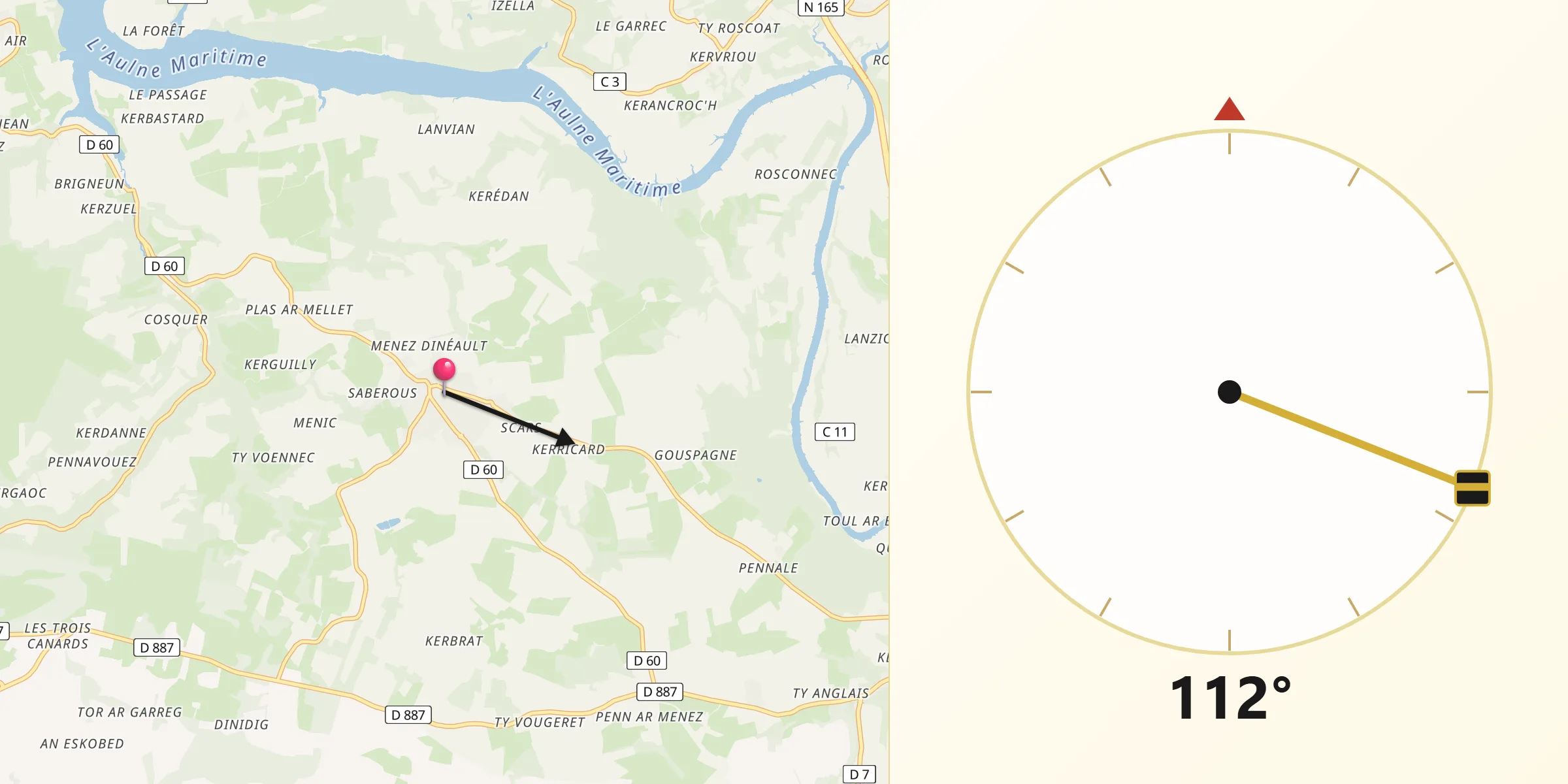 Direction vers la Qibla depuis Dinéault