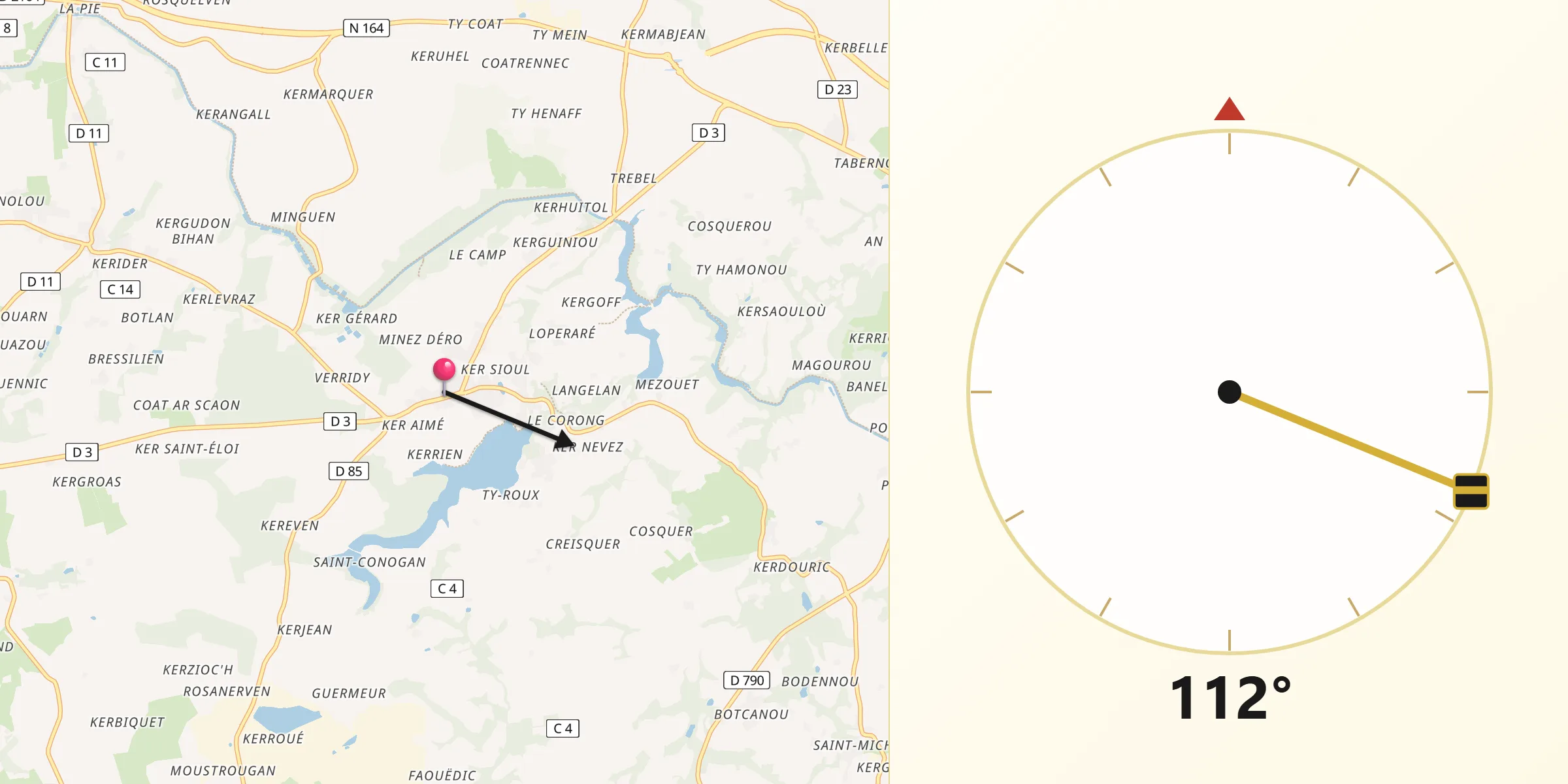 Direction vers la Qibla depuis Glomel
