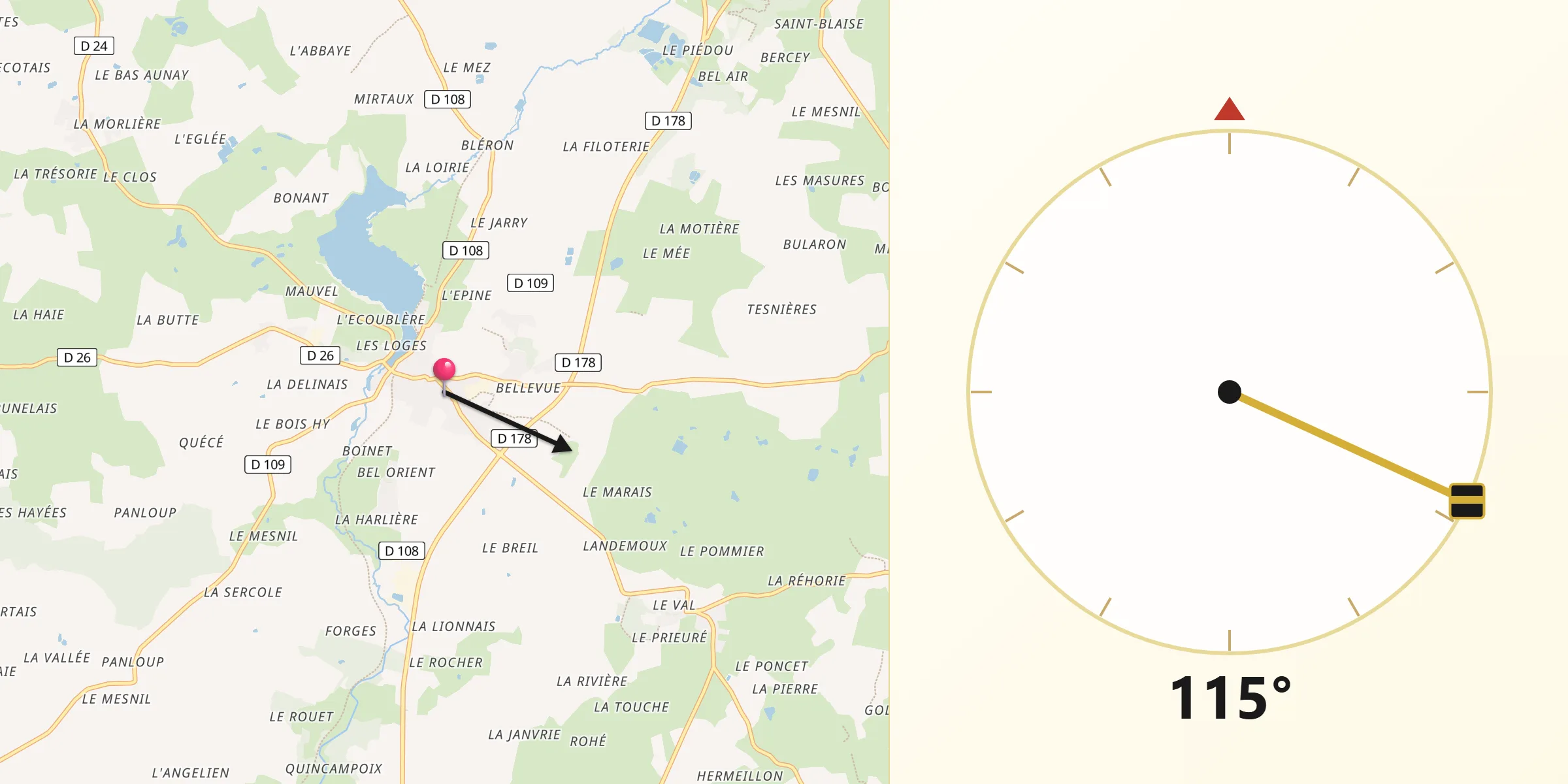 Direction vers la Qibla depuis Châtillon-en-Vendelais