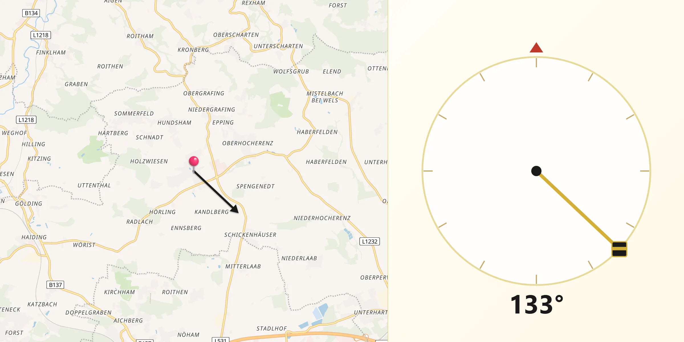 Qibla-Richtung von Buchkirchen