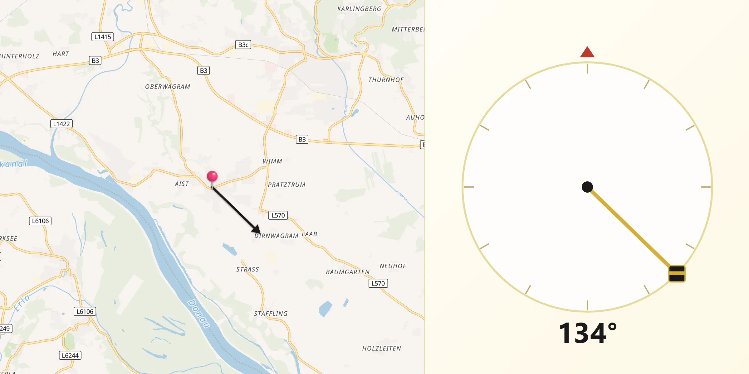 Qibla-Richtung von Naarn im Machlande
