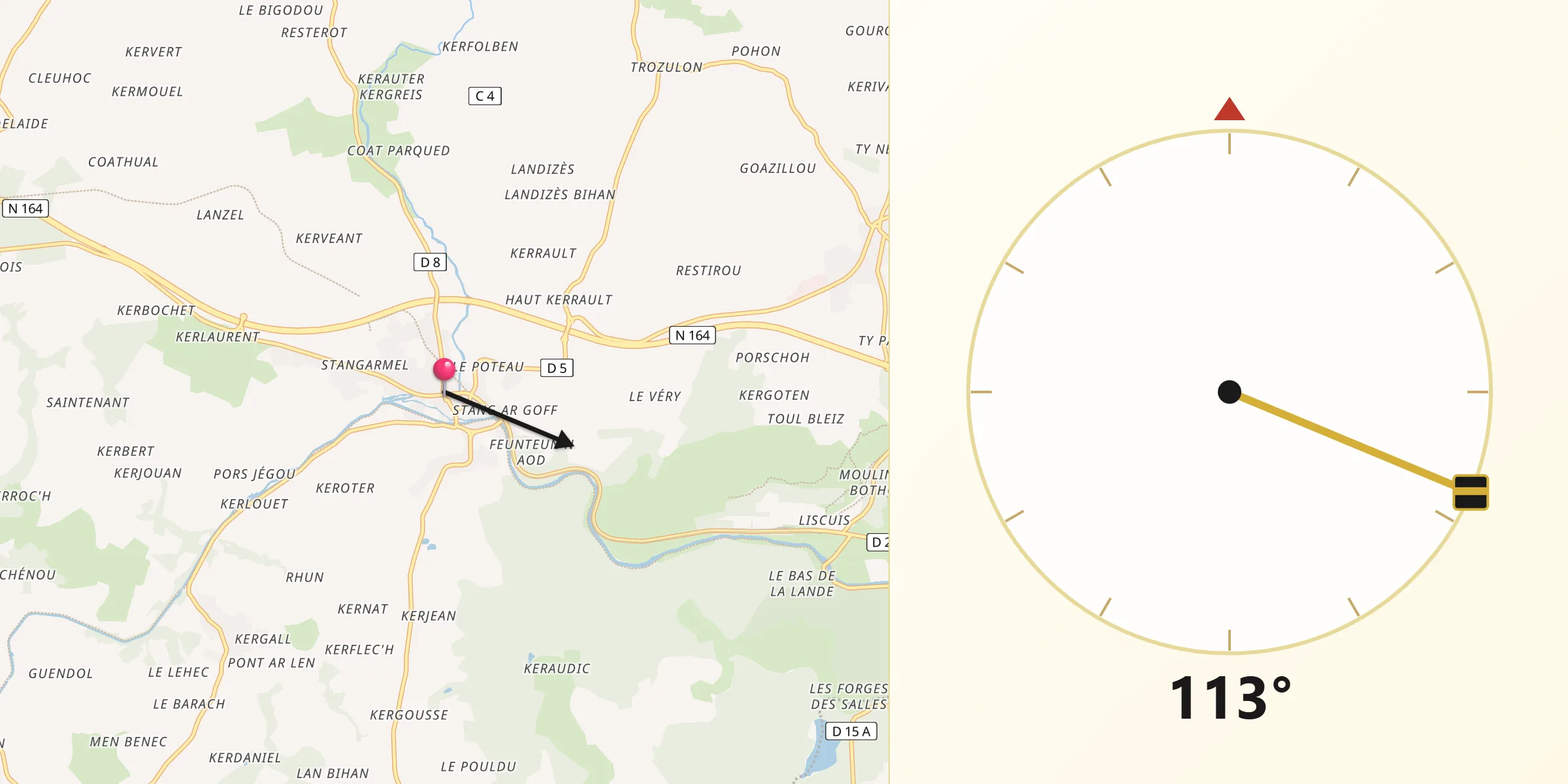 Direction vers la Qibla depuis Gouarec