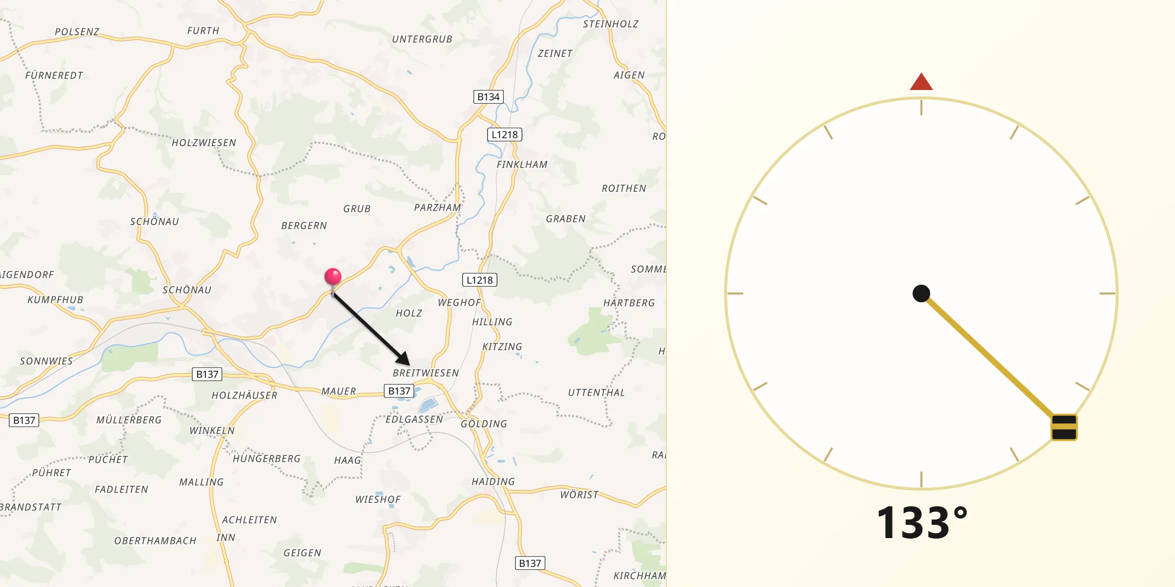 Qibla-Richtung von Wallern an der Trattnach