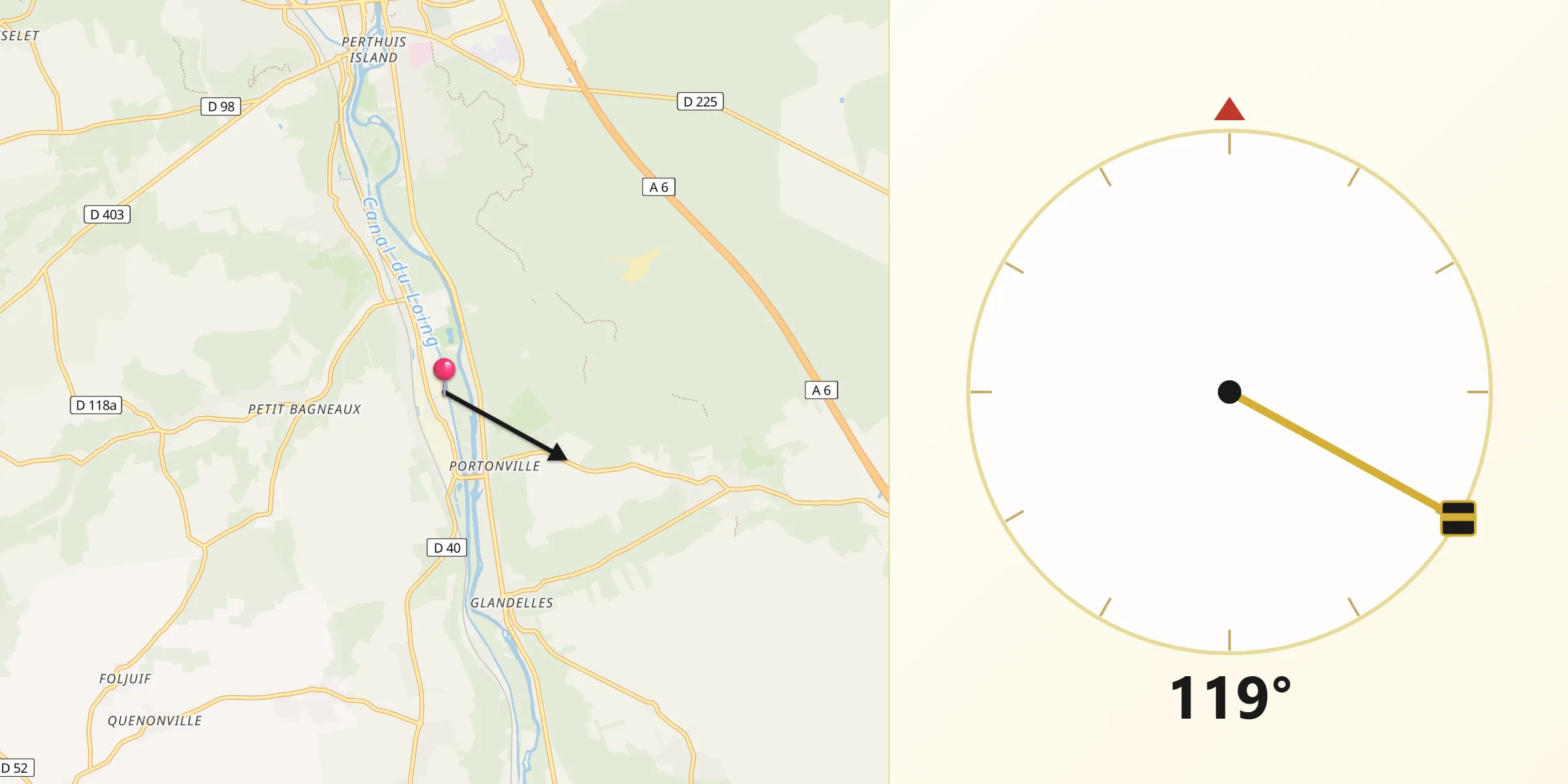 Direction vers la Qibla depuis Bagneaux-sur-Loing