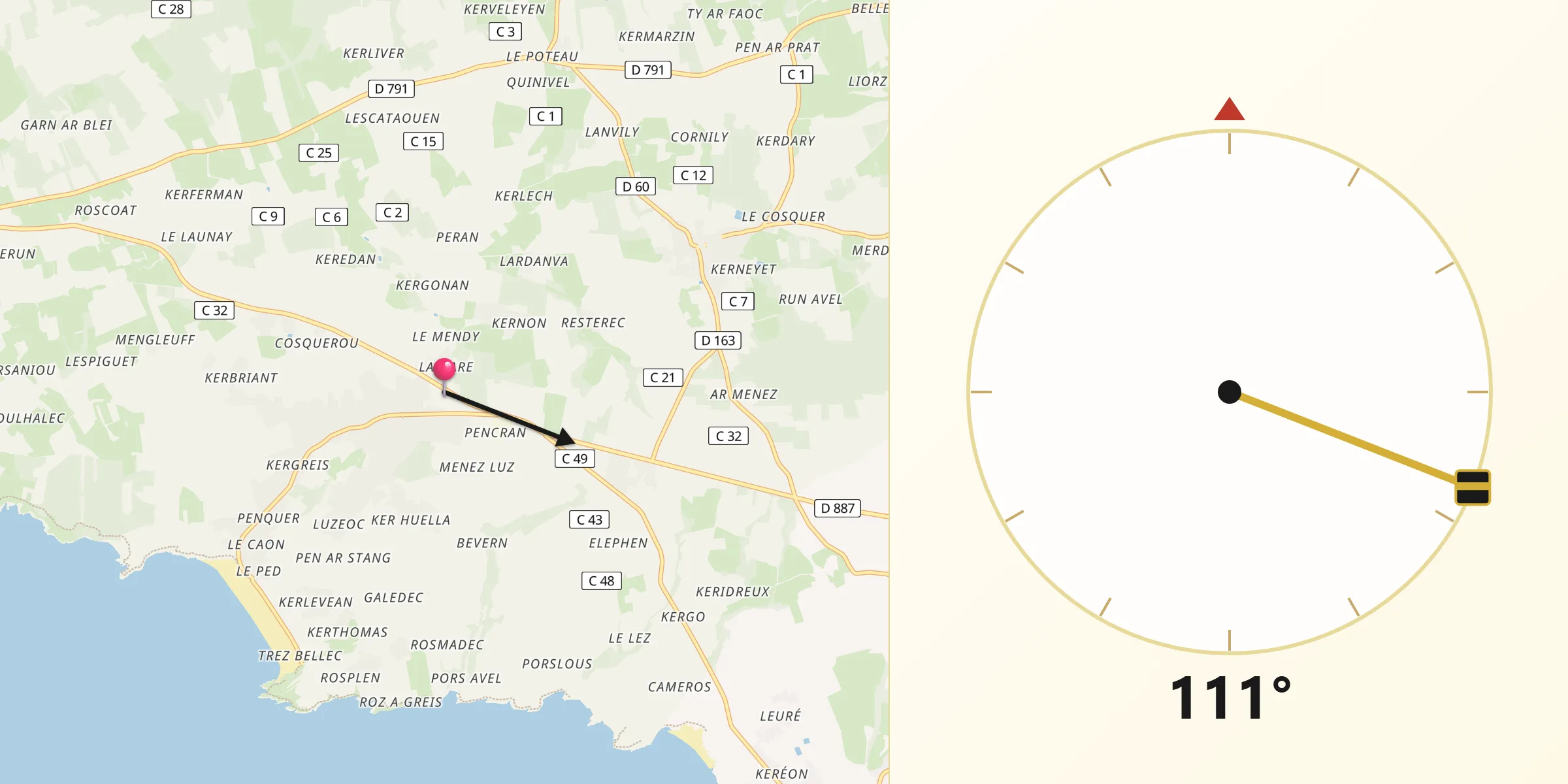 Direction vers la Qibla depuis Telgruc-sur-Mer