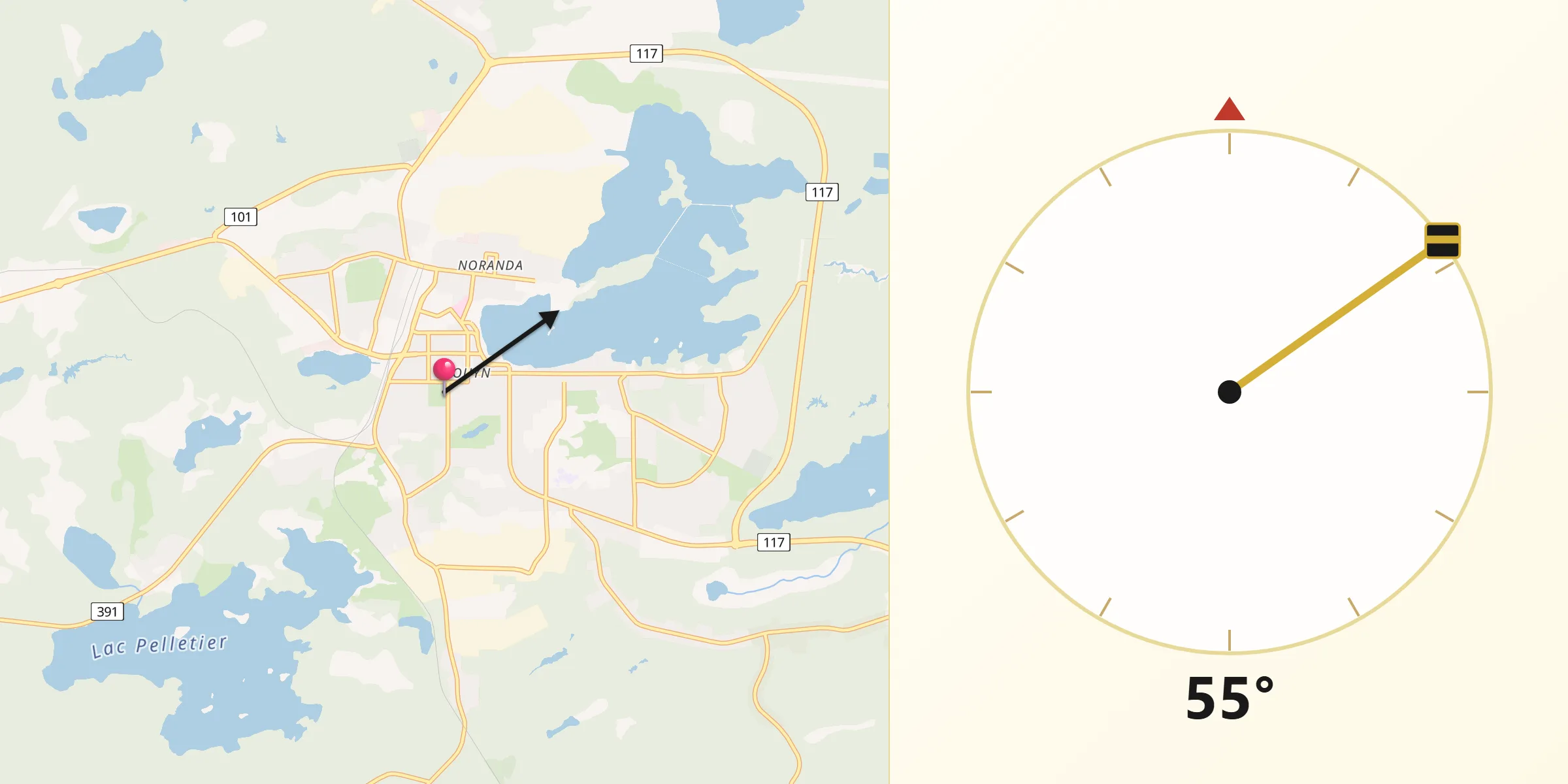Qibla Direction from Rouyn-Noranda