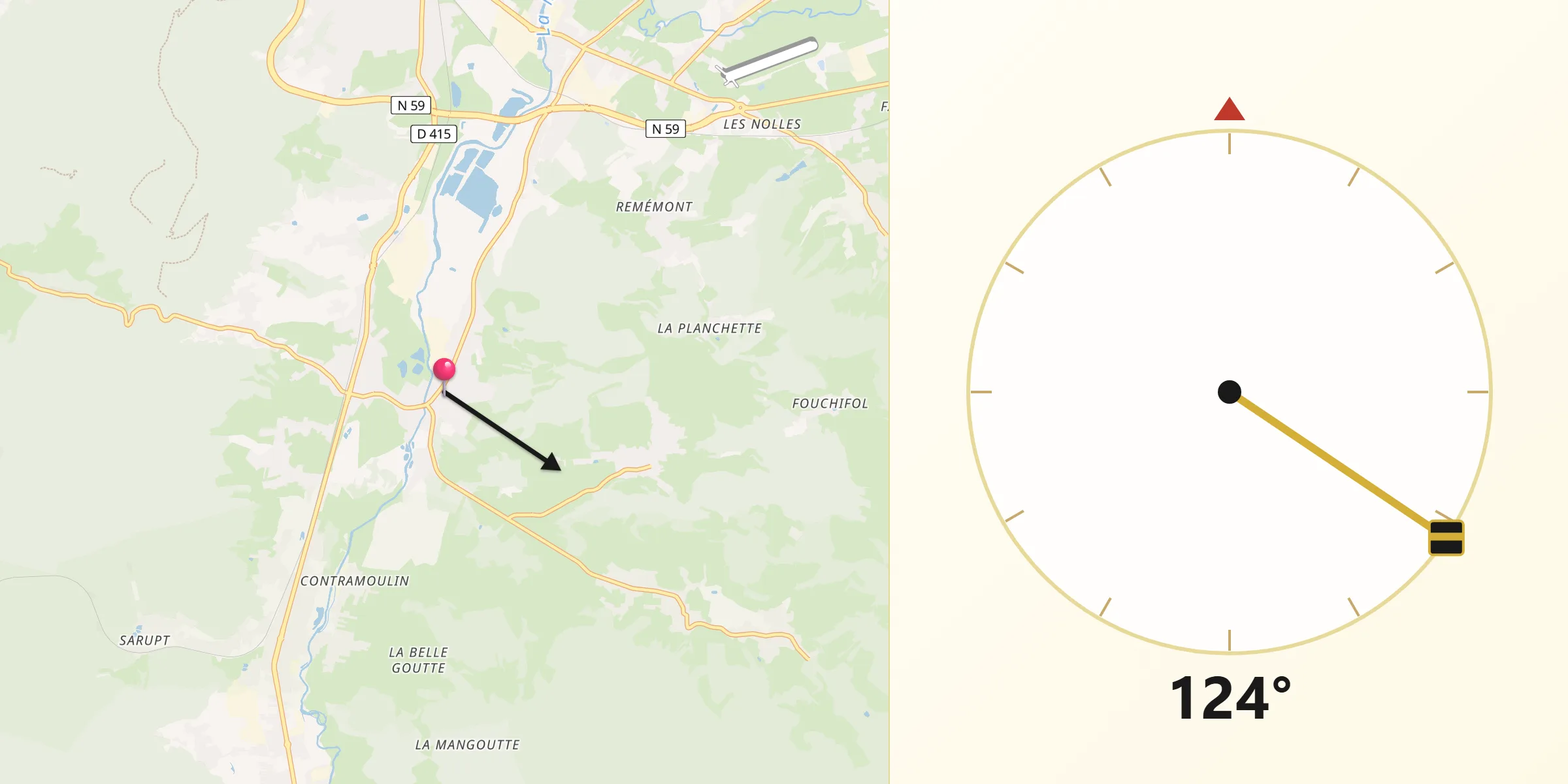Direction vers la Qibla depuis Saulcy-sur-Meurthe