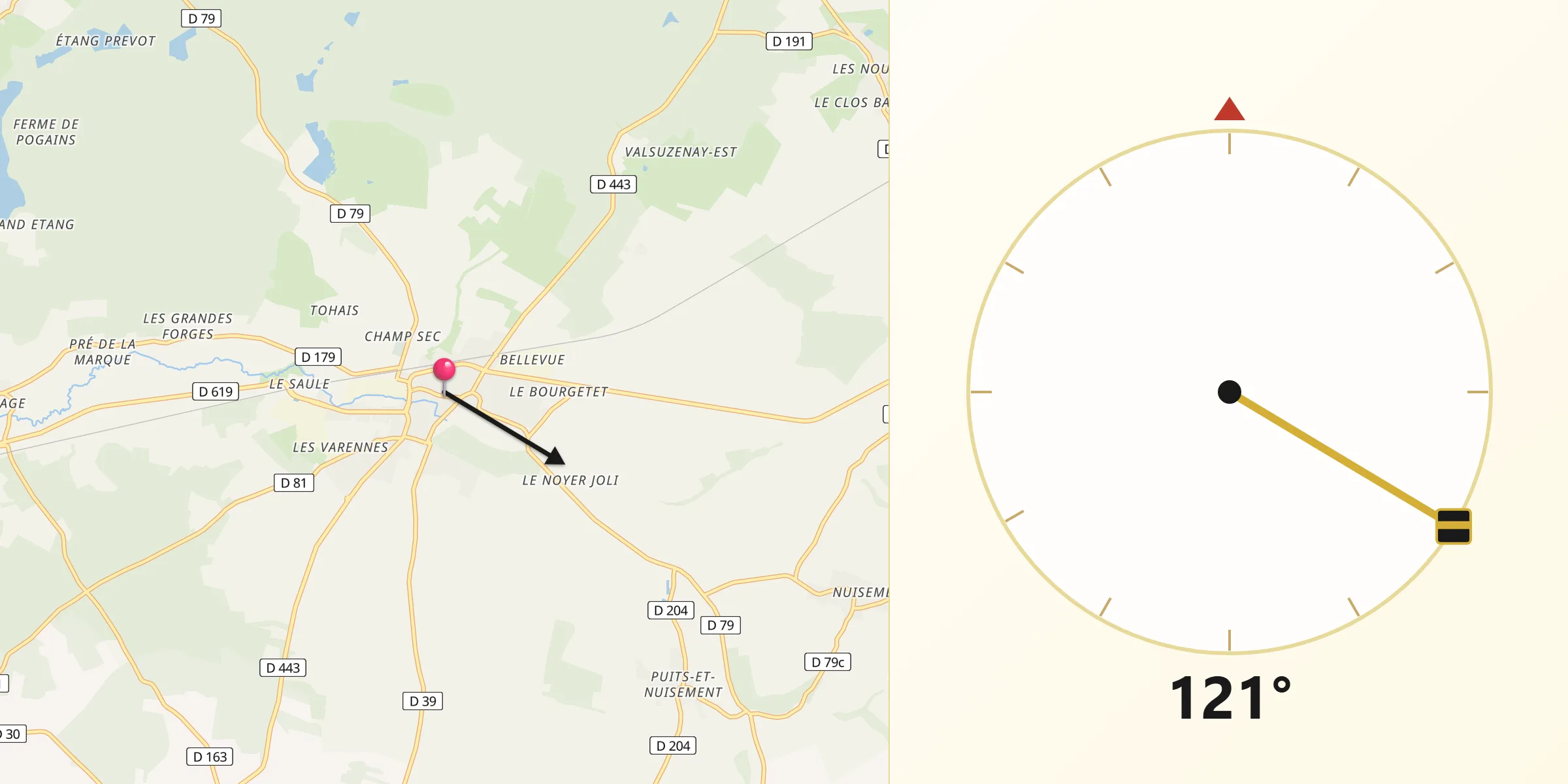 Direction vers la Qibla depuis Vendeuvre-sur-Barse