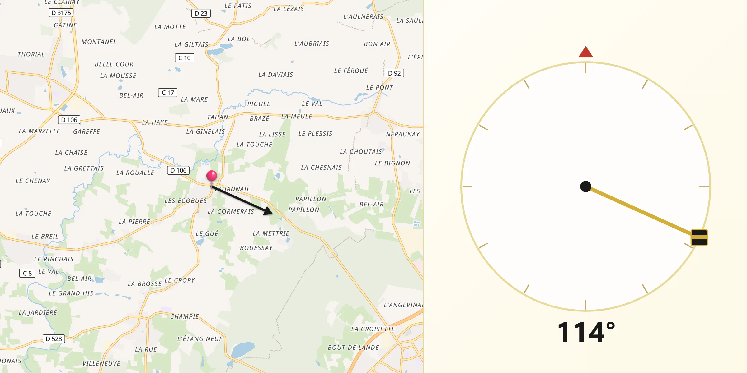 Direction vers la Qibla depuis Chasné-sur-Illet