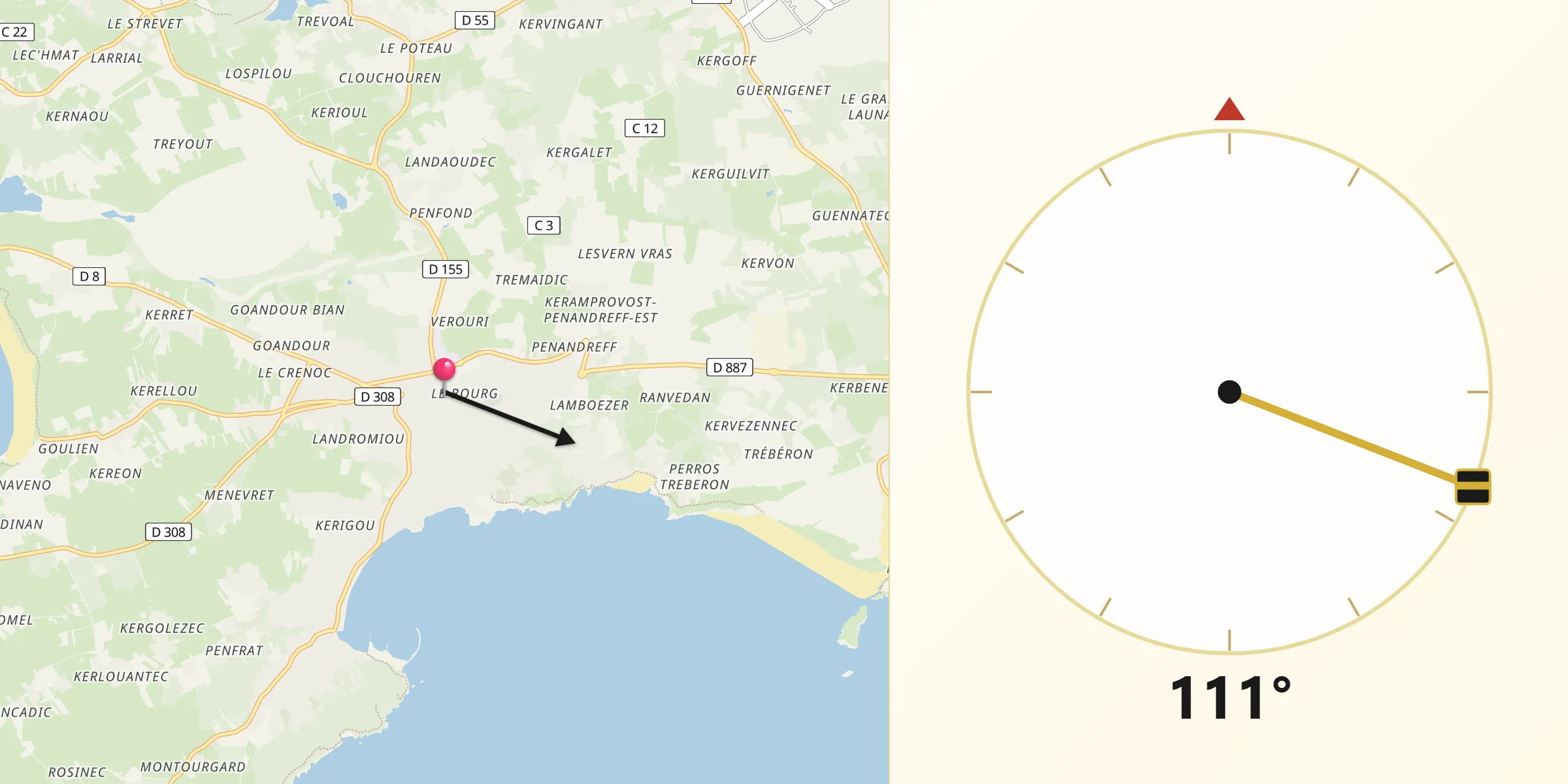 Direction vers la Qibla depuis Crozon