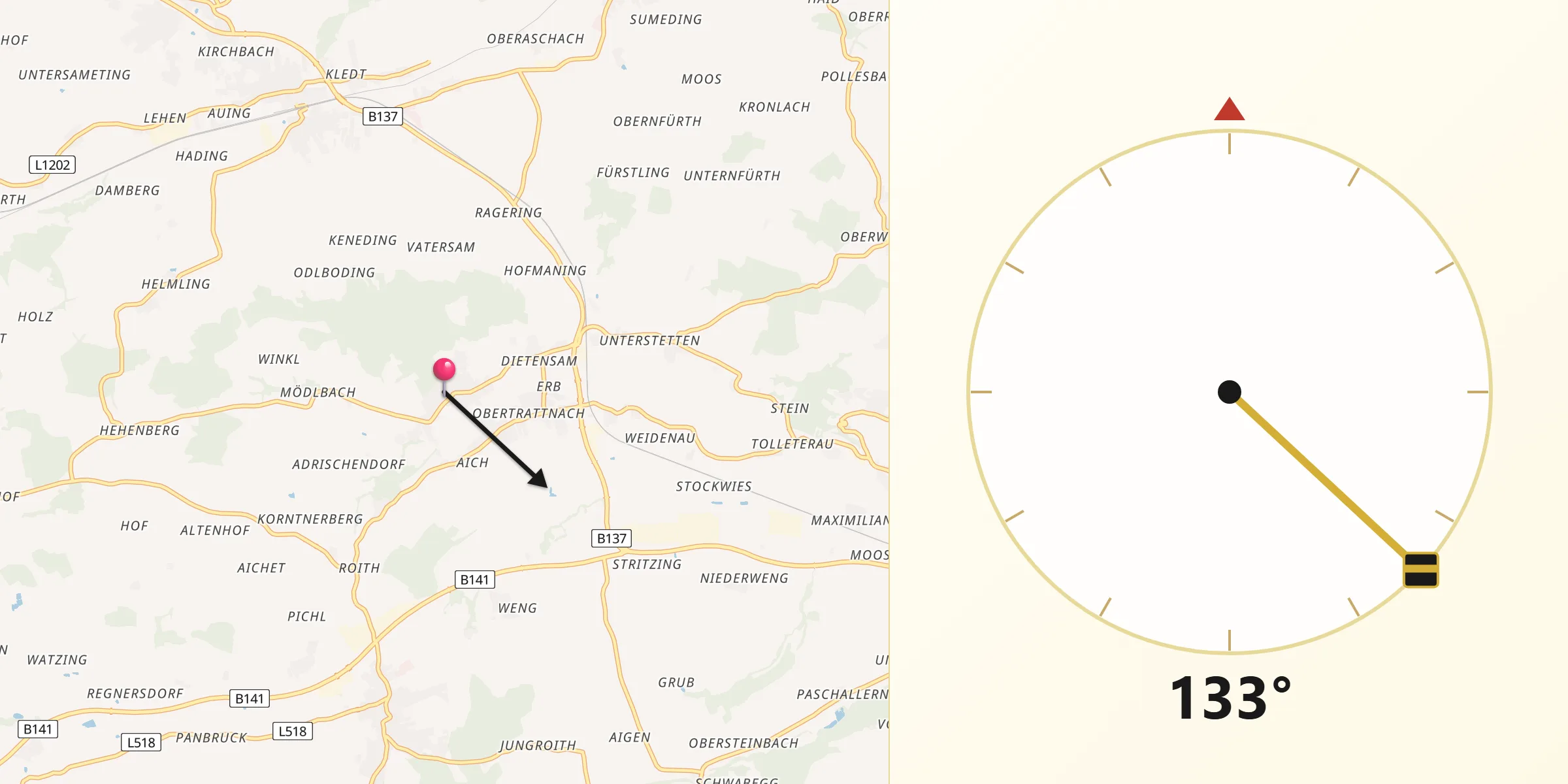 Qibla-Richtung von Taufkirchen an der Trattnach