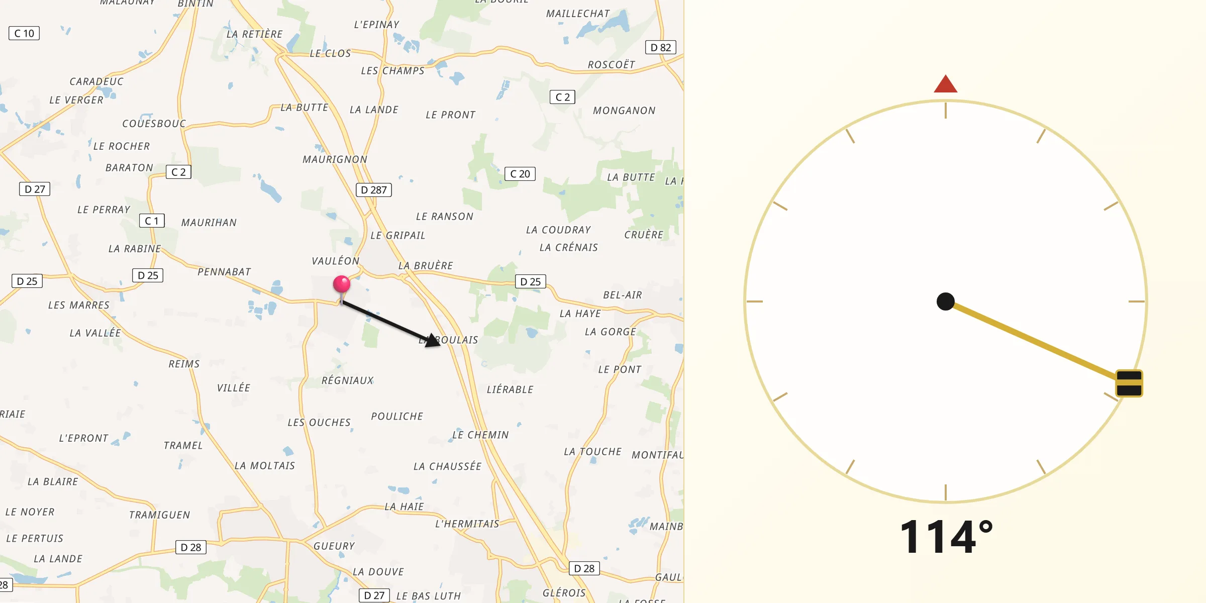 Direction vers la Qibla depuis Vignoc