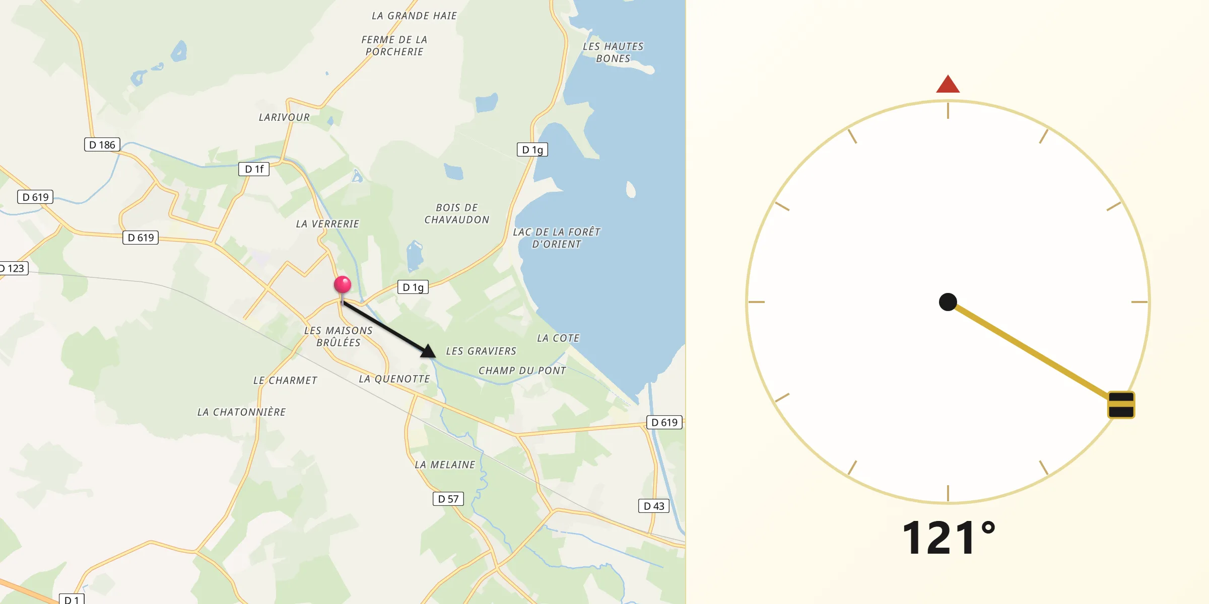 Direction vers la Qibla depuis Lusigny-sur-Barse