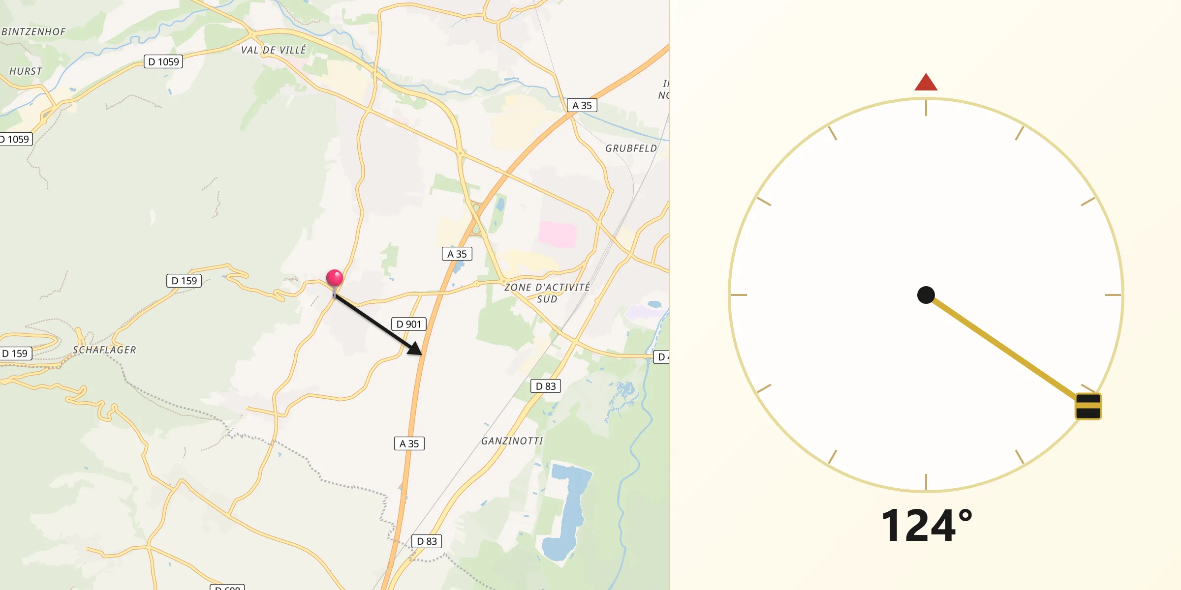 Direction vers la Qibla depuis Kintzheim