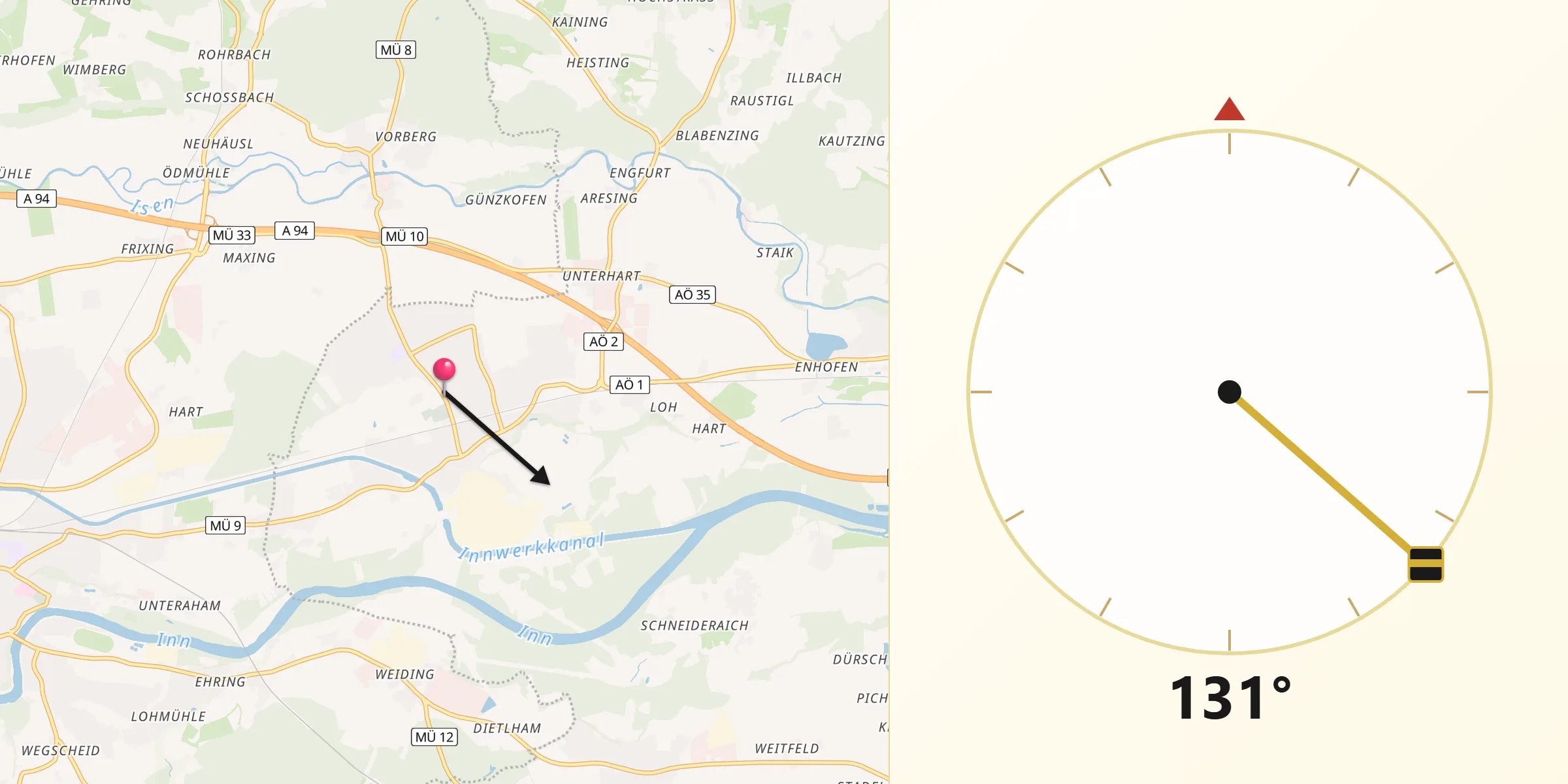 Qibla-Richtung von Töging am Inn
