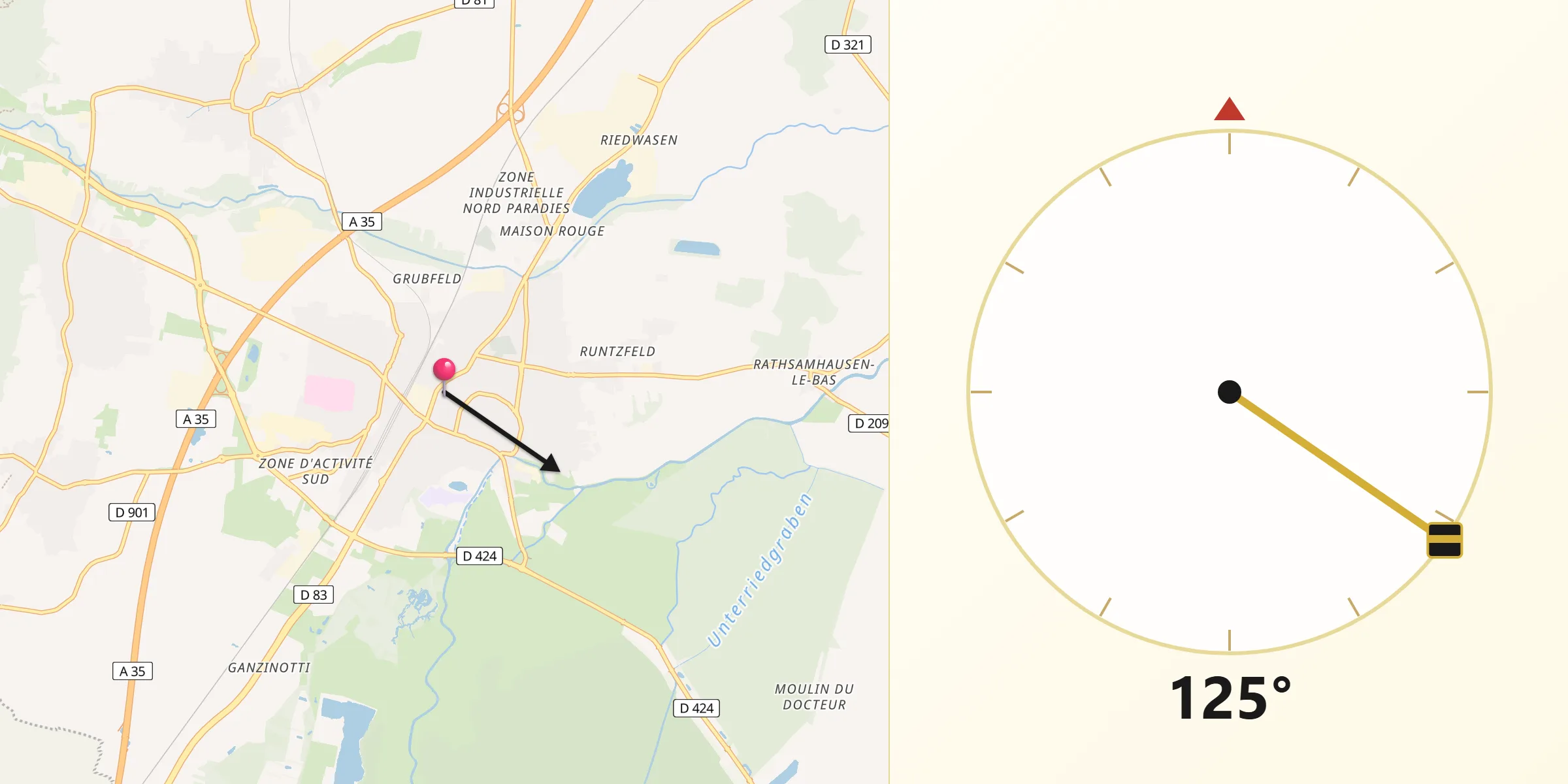 Direction vers la Qibla depuis Sélestat