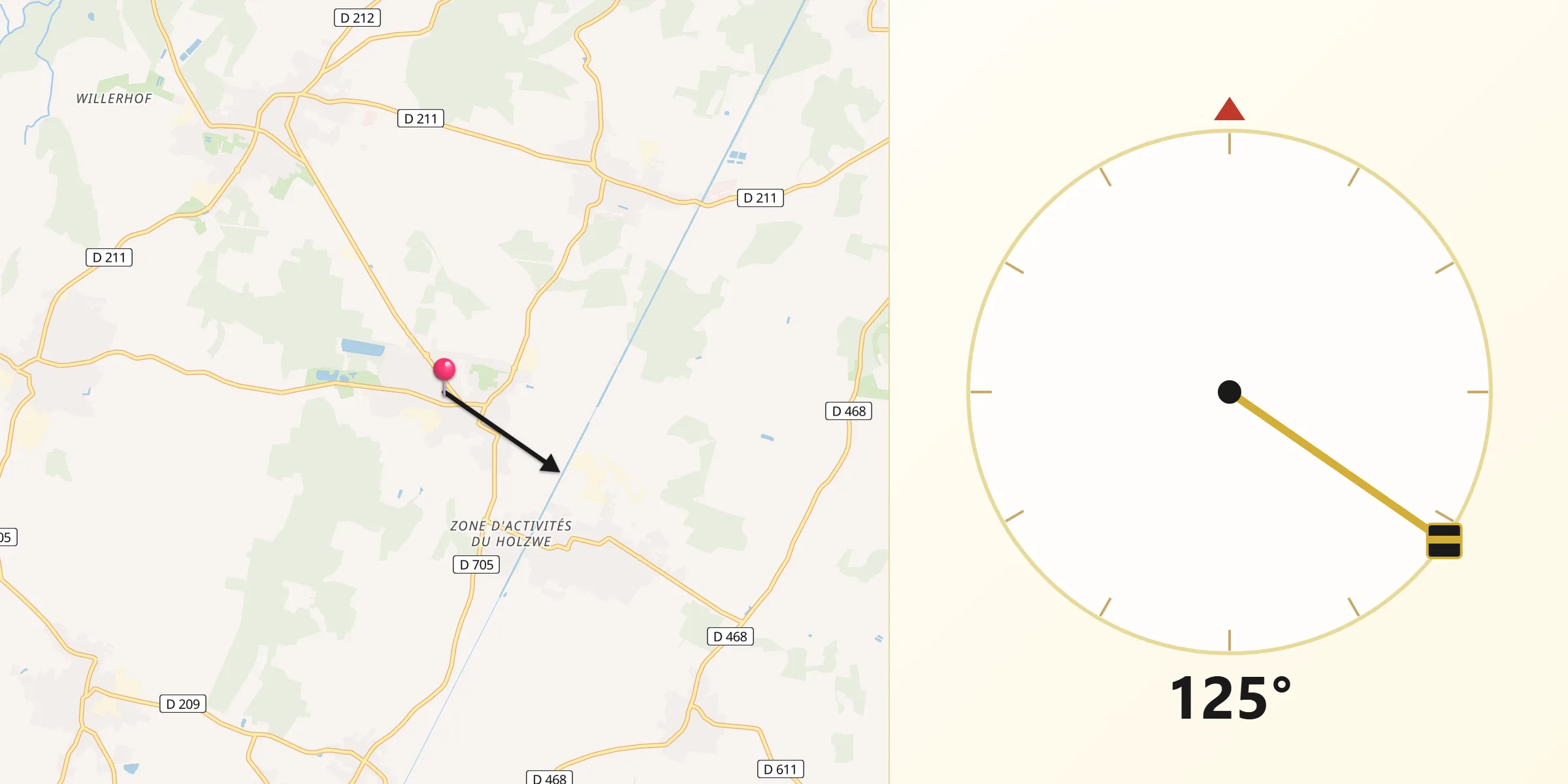 Direction vers la Qibla depuis Wittisheim
