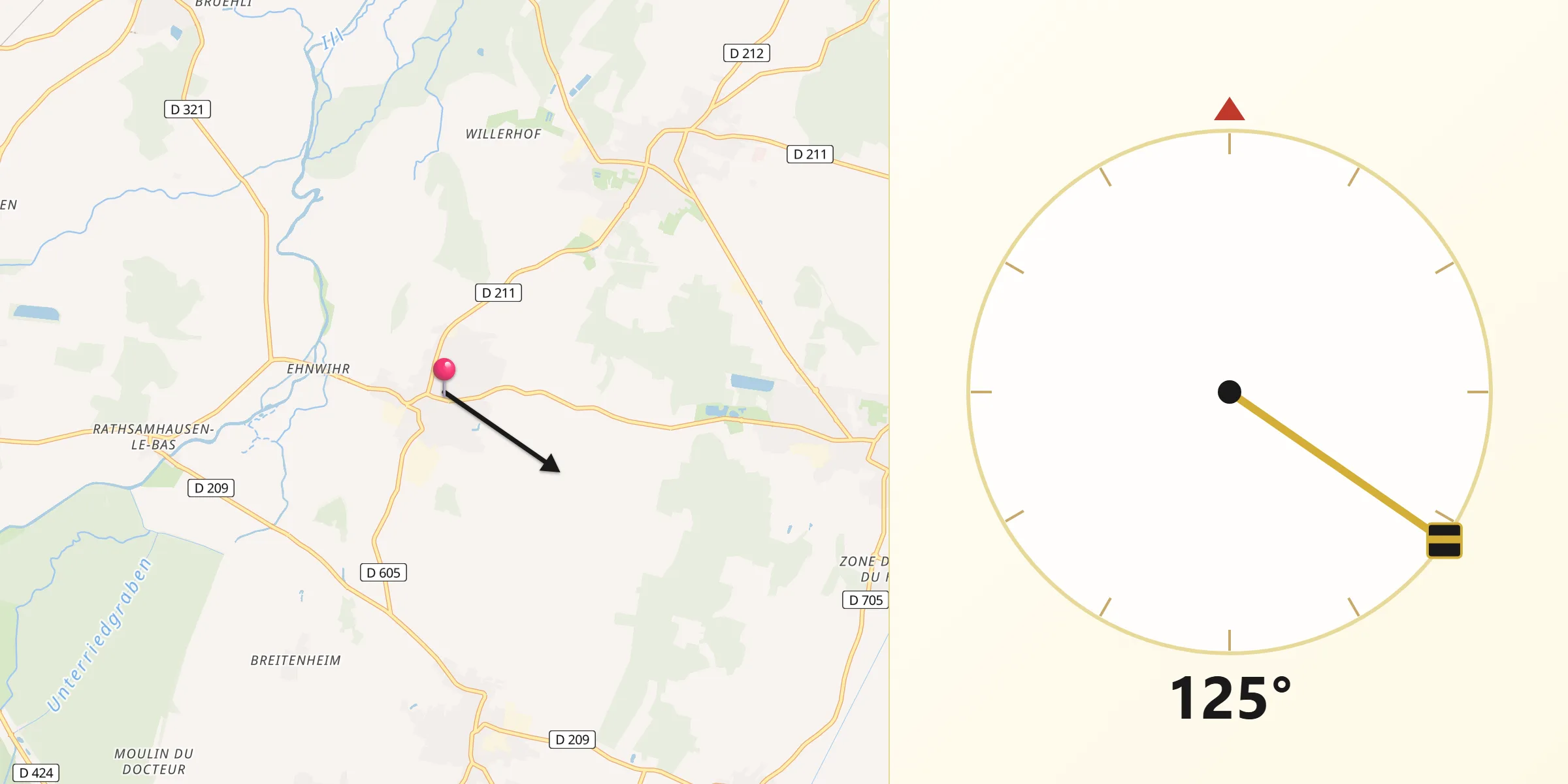 Direction vers la Qibla depuis Muttersholtz