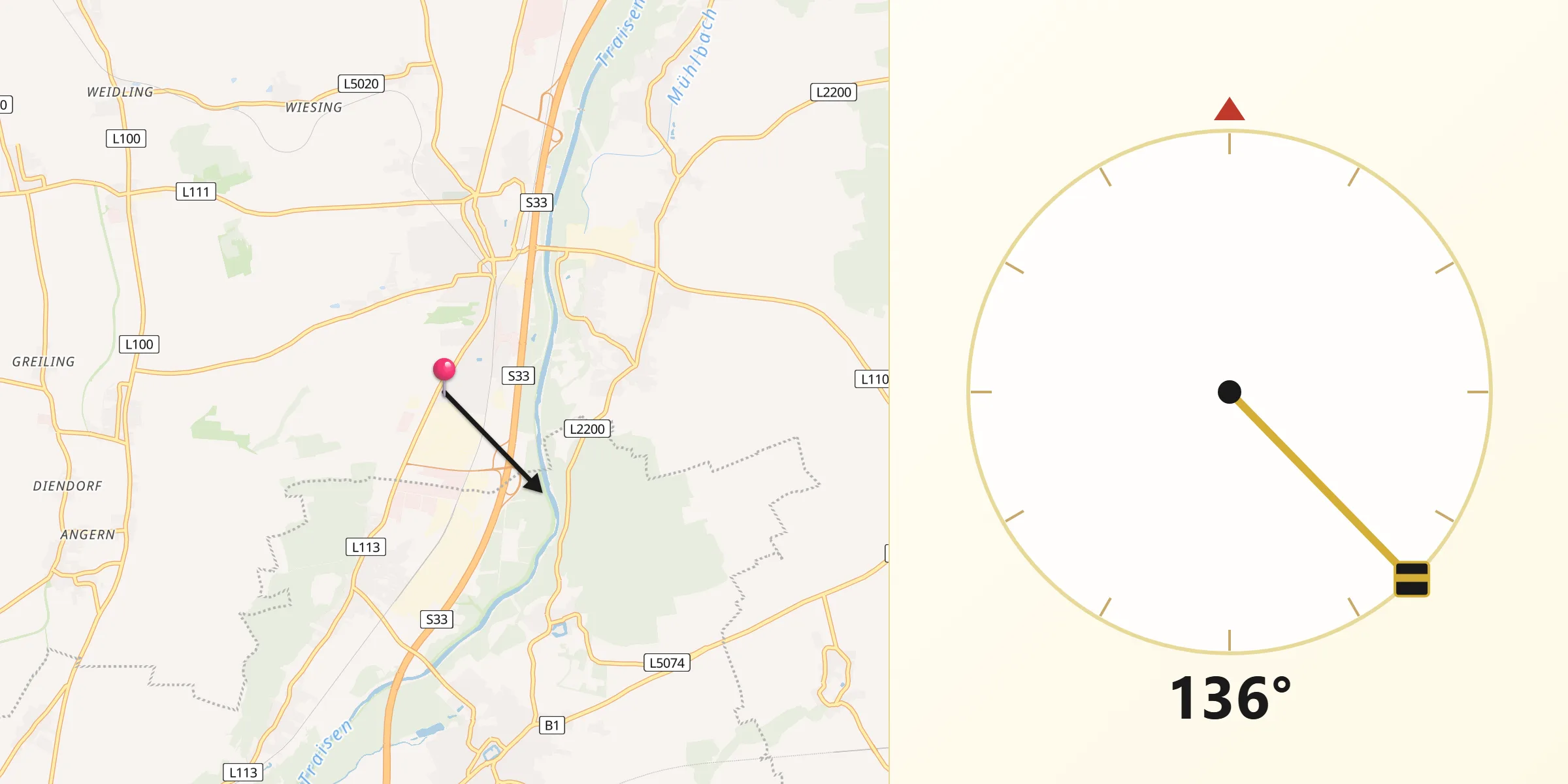 Qibla-Richtung von Oberndorf in der Ebene