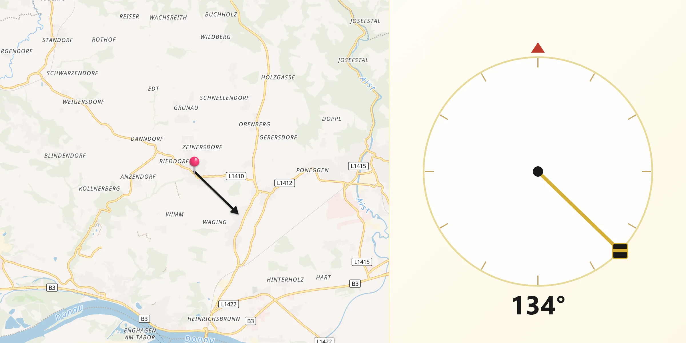 Qibla-Richtung von Ried in der Riedmark