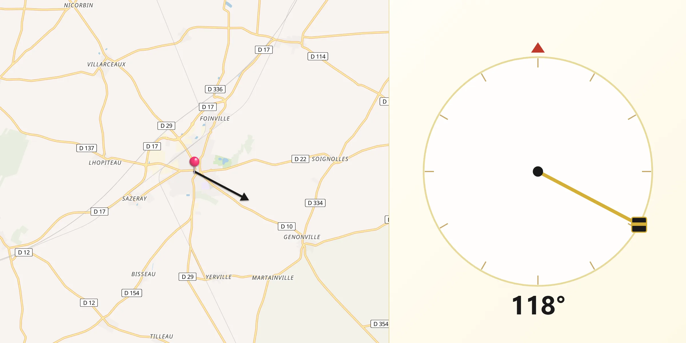 Direction vers la Qibla depuis Voves