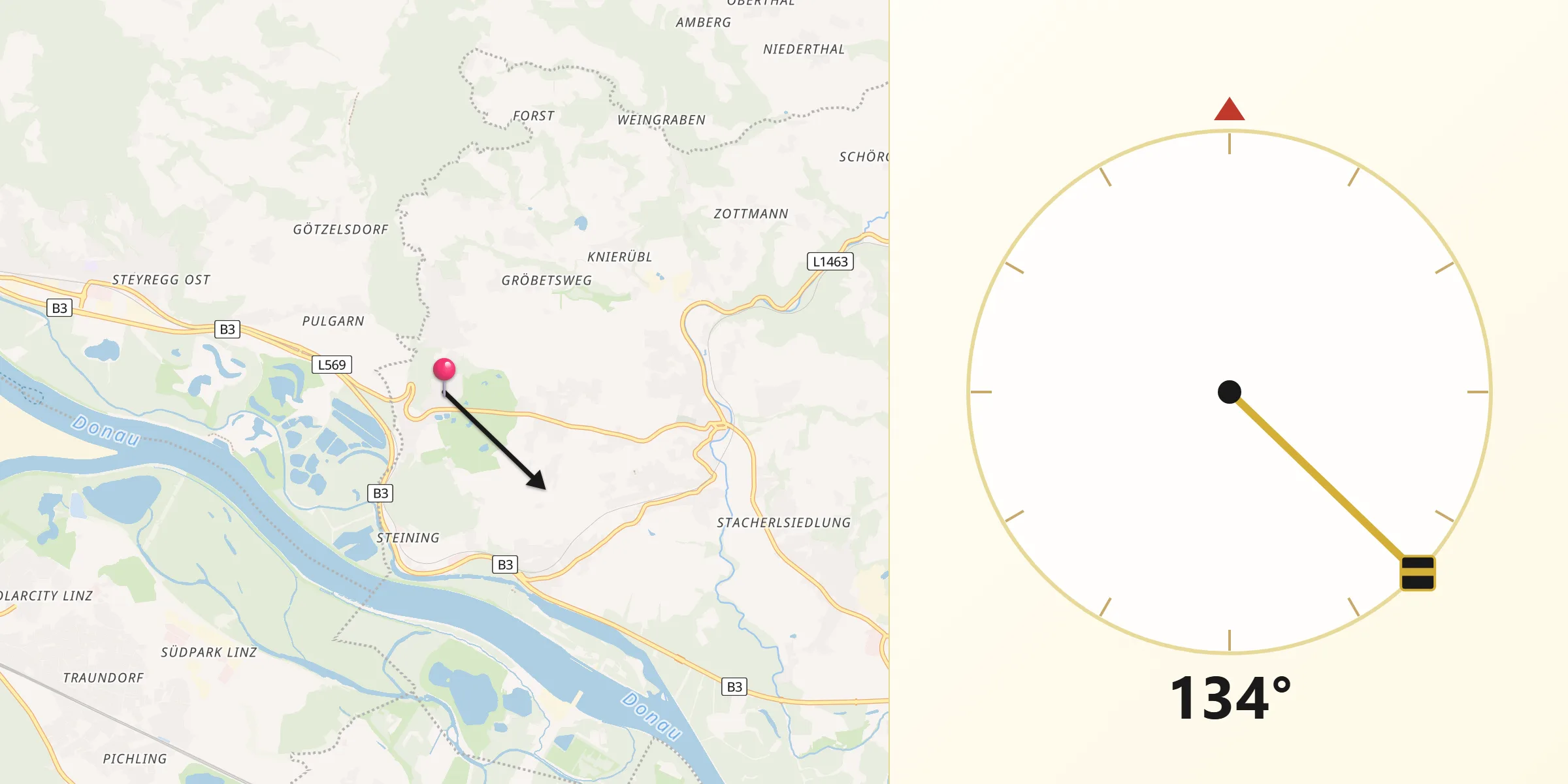 Qibla-Richtung von Luftenberg an der Donau